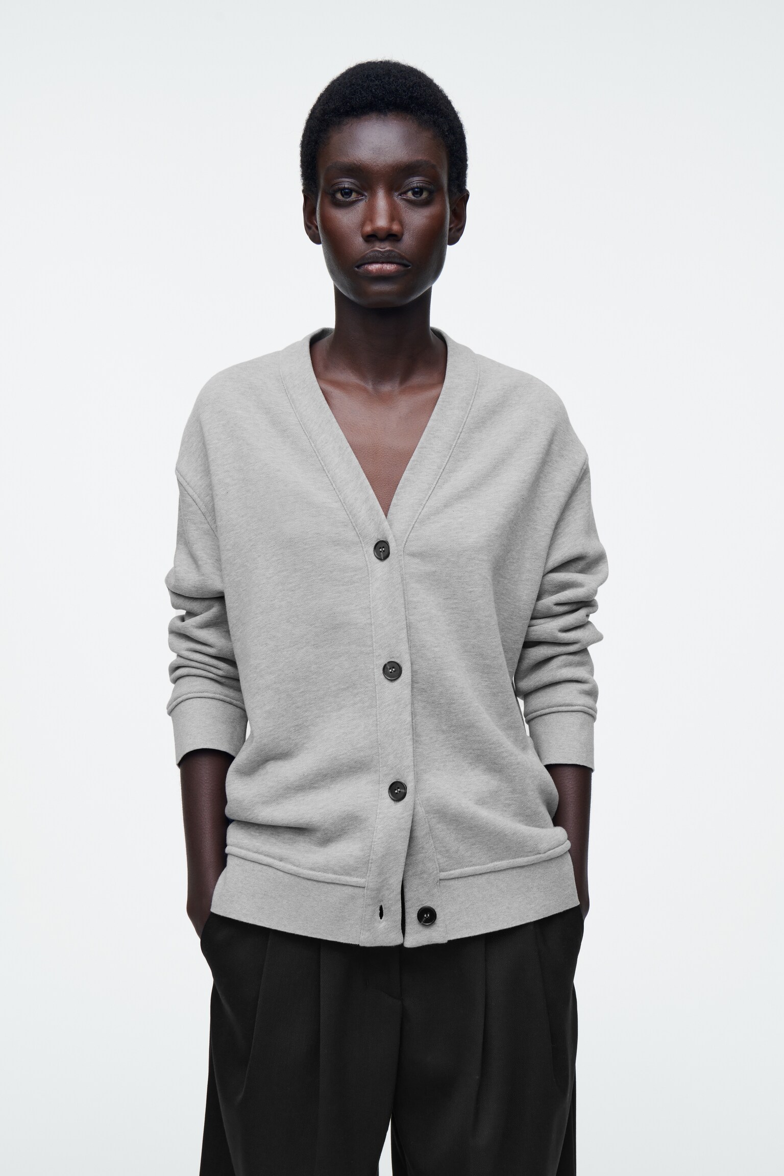 DOUBLE-FACED JERSEY V-NECK CARDIGAN - GREY MÉLANGE
