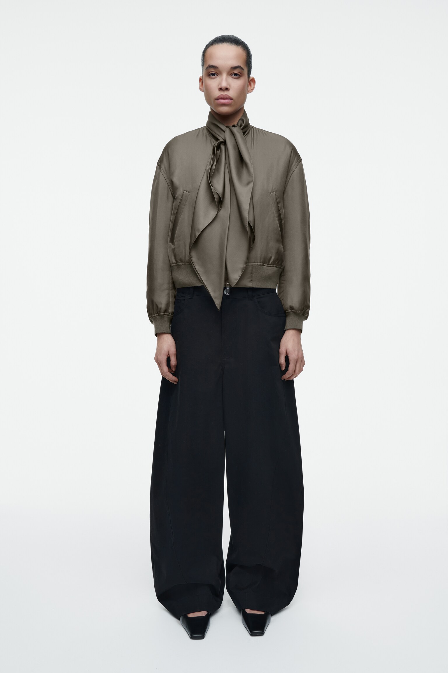 SCARF-DETAIL PADDED SILK BOMBER JACKET - BRONZE - 3