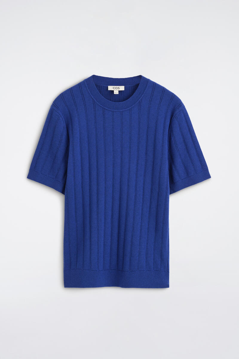 Ribbed Merino Wool-Cotton T-Shirt in Blue