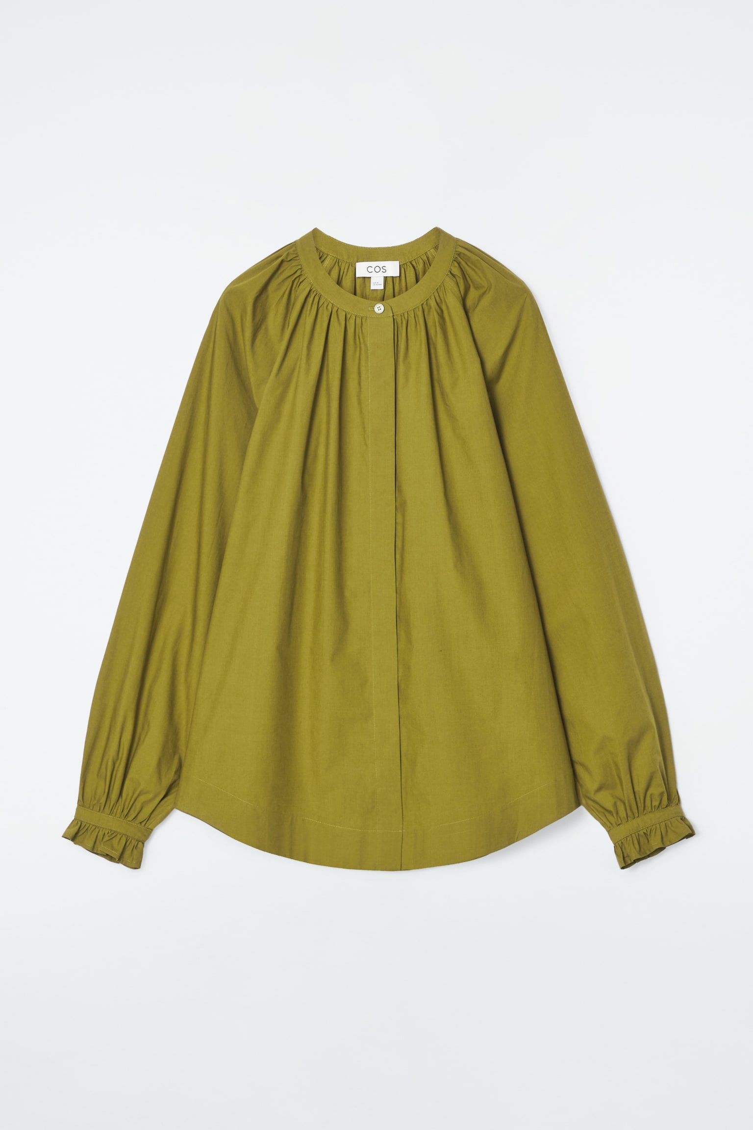 RUFFLED-CUFF GATHERED BLOUSE - OLIVE GREEN