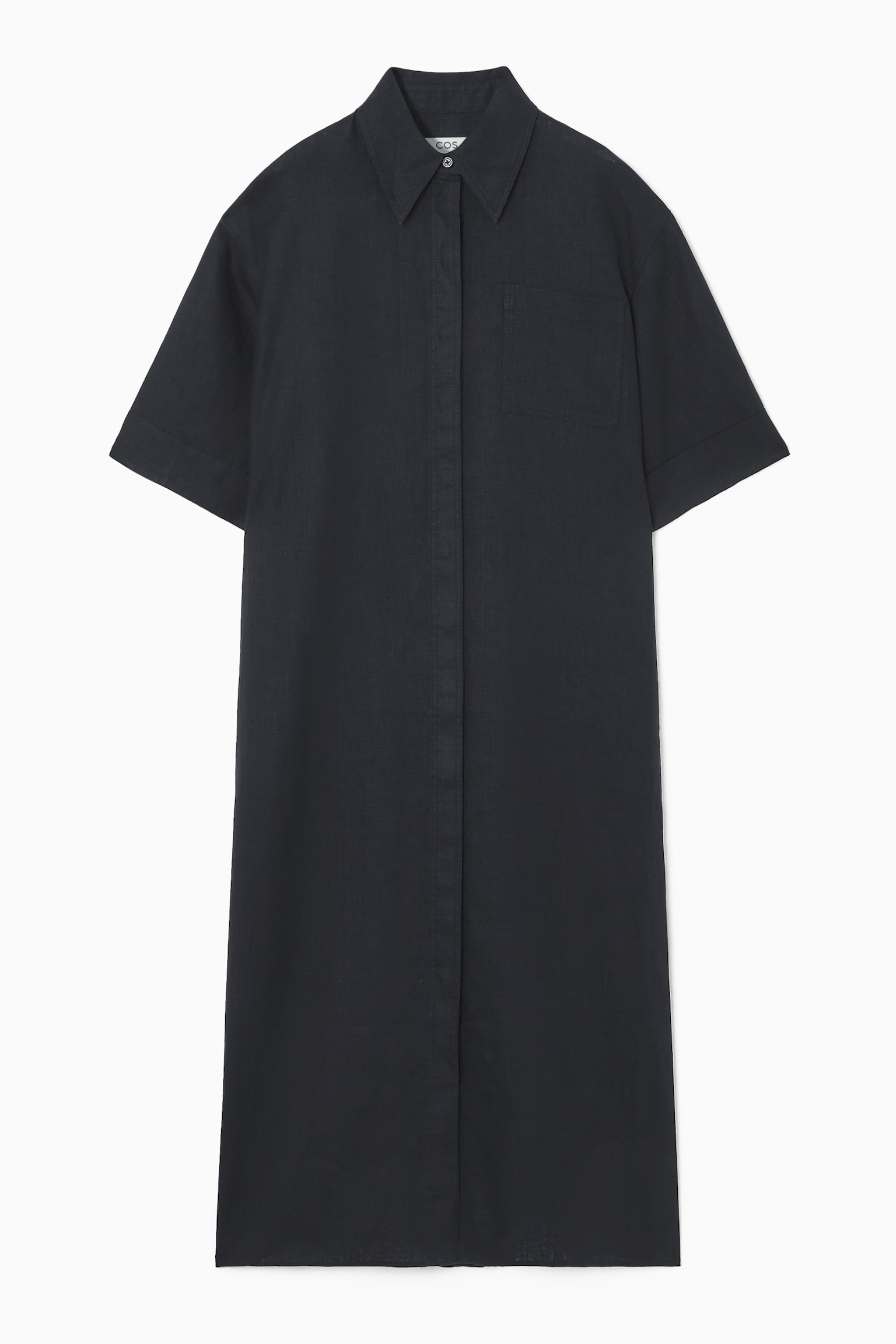OVERSIZED SHORT-SLEEVED LINEN MIDI DRESS - NAVY/WHITE
