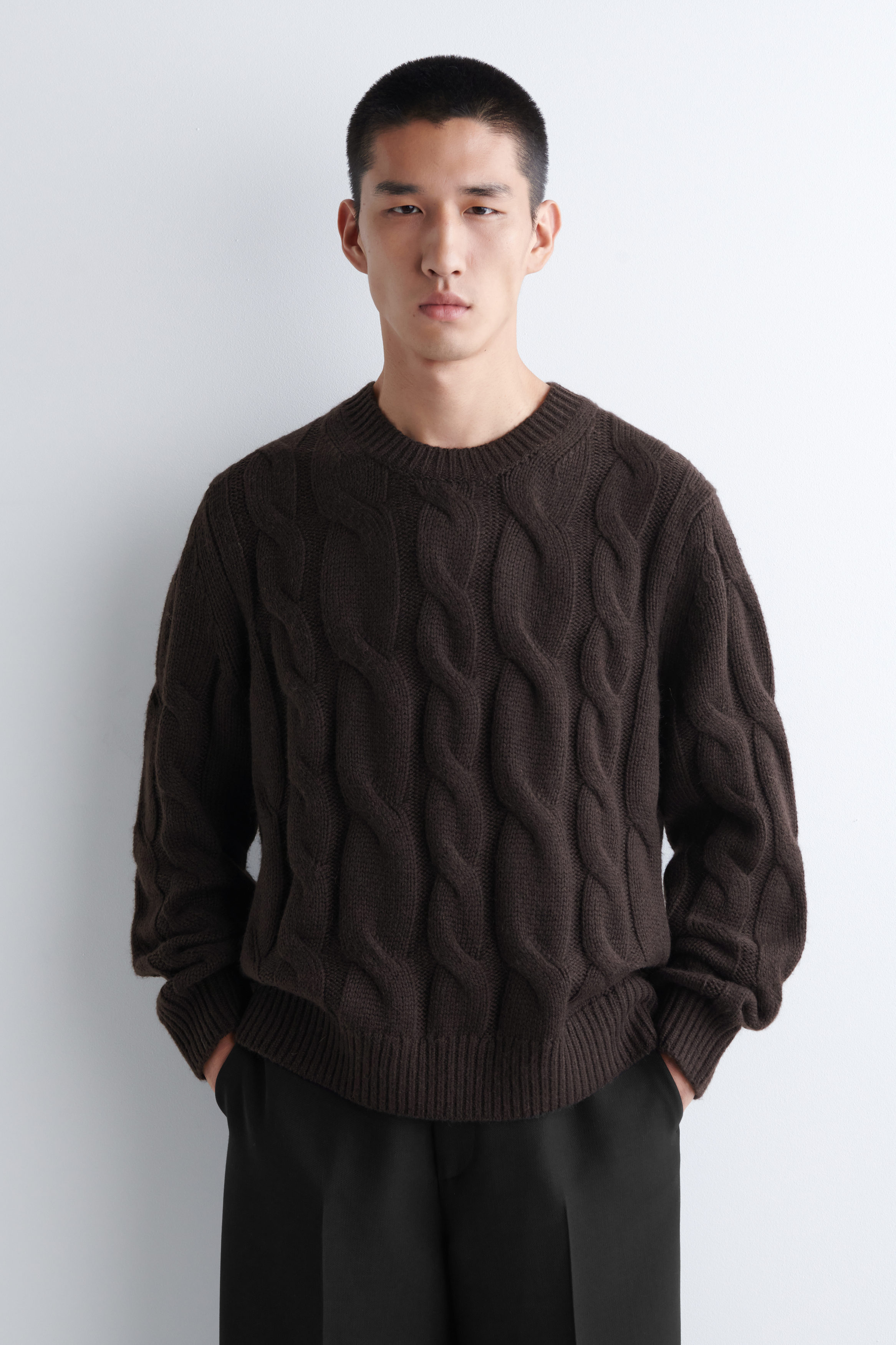COS Atelier ヘビーウェイトウールニット ブラウン M CABLE-KNIT WOOL CREW-NECK SWEATER - DARK BROWN | COS US