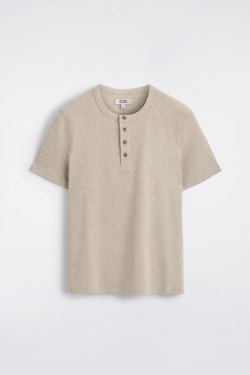 COS Slim-Fit Ribbed Henley T-Shirt In Beige Men's Large