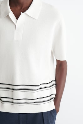 STRIPED KNITTED COTTON-LINEN POLO SHIRT — CREAM / STRIPED 5