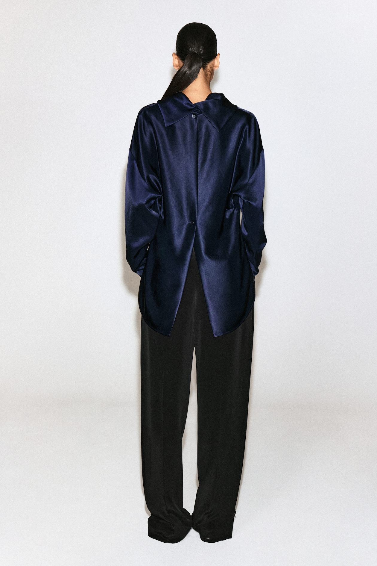 COWL-NECK SATIN BLOUSE — MIDNIGHT BLUE