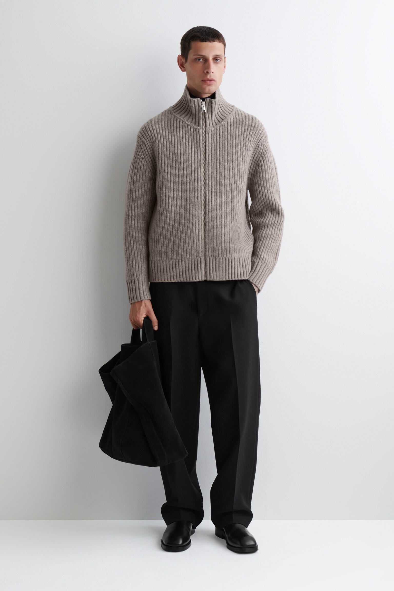 FUNNEL-NECK KNITTED WOOL JACKET - STONE/CHARCOAL - 7