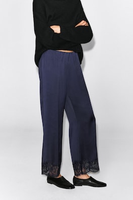 LACE-TRIMMED SATIN PANTS — NAVY 3