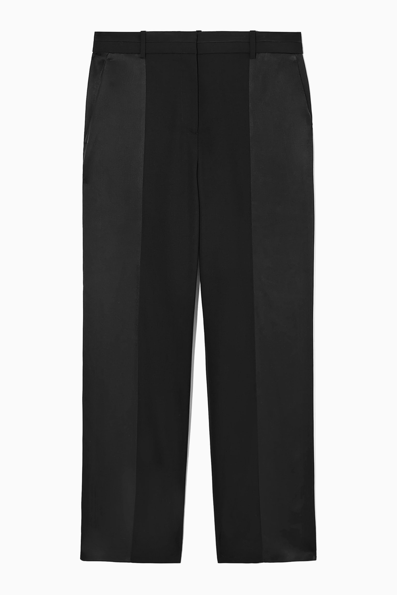 REGULAR SATIN-PANELLED WOOL STRAIGHT-LEG TROUSERS - BLACK
