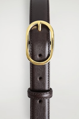 OVAL-BUCKLE LEATHER BELT — BROWN / GOLD 2