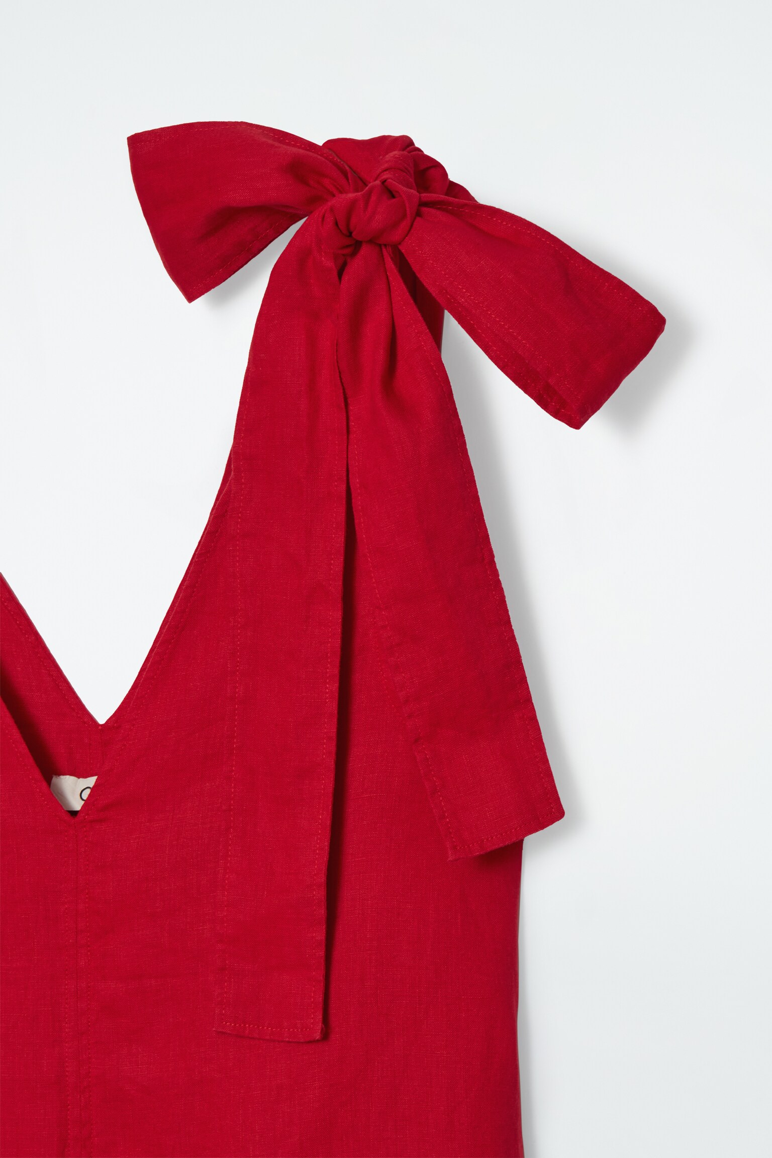 BOW-DETAIL LINEN MIDI DRESS - RED/NAVY BLUE - 2