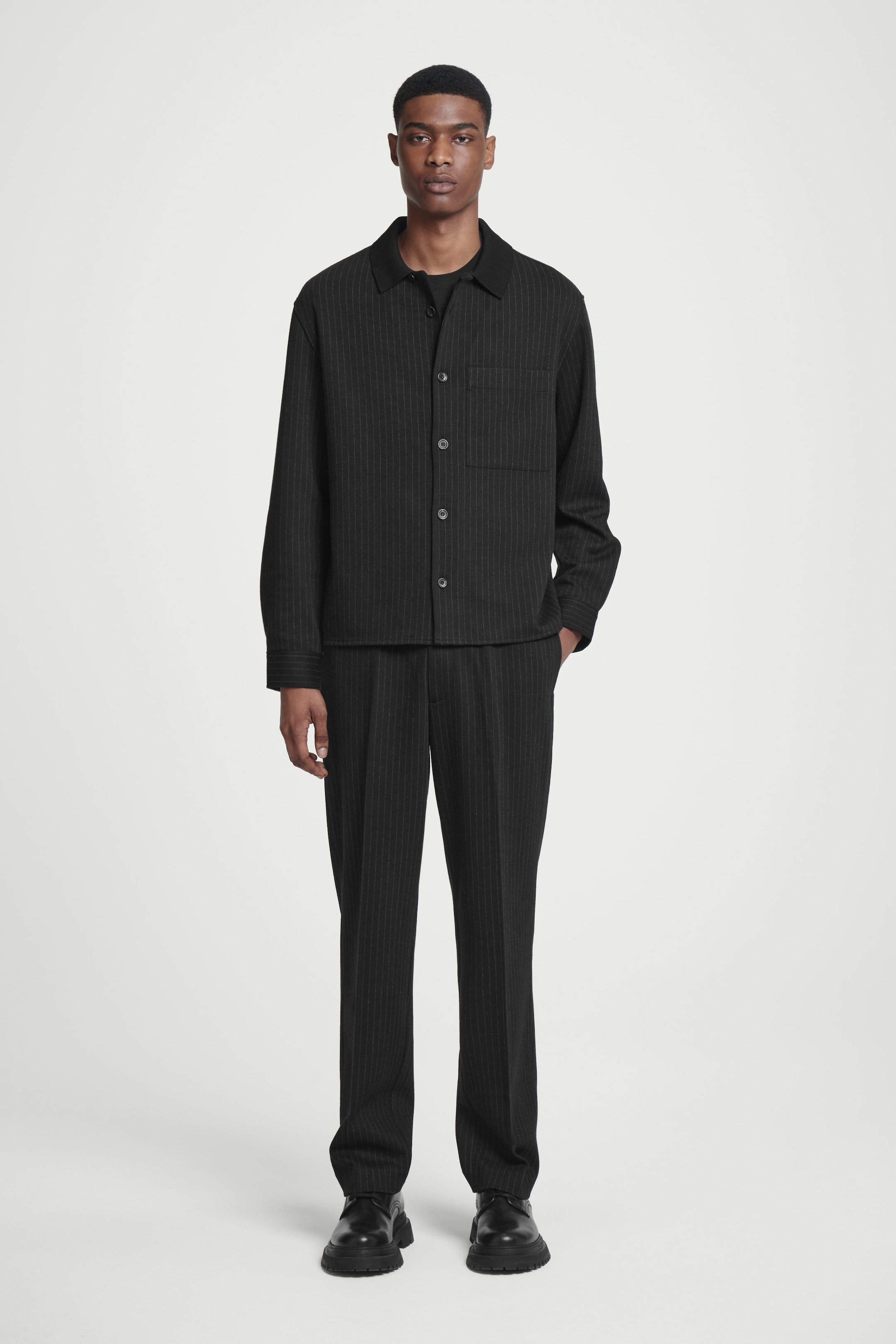 RELAXED PINSTRIPED WOOL-BLEND JERSEY SHIRT
