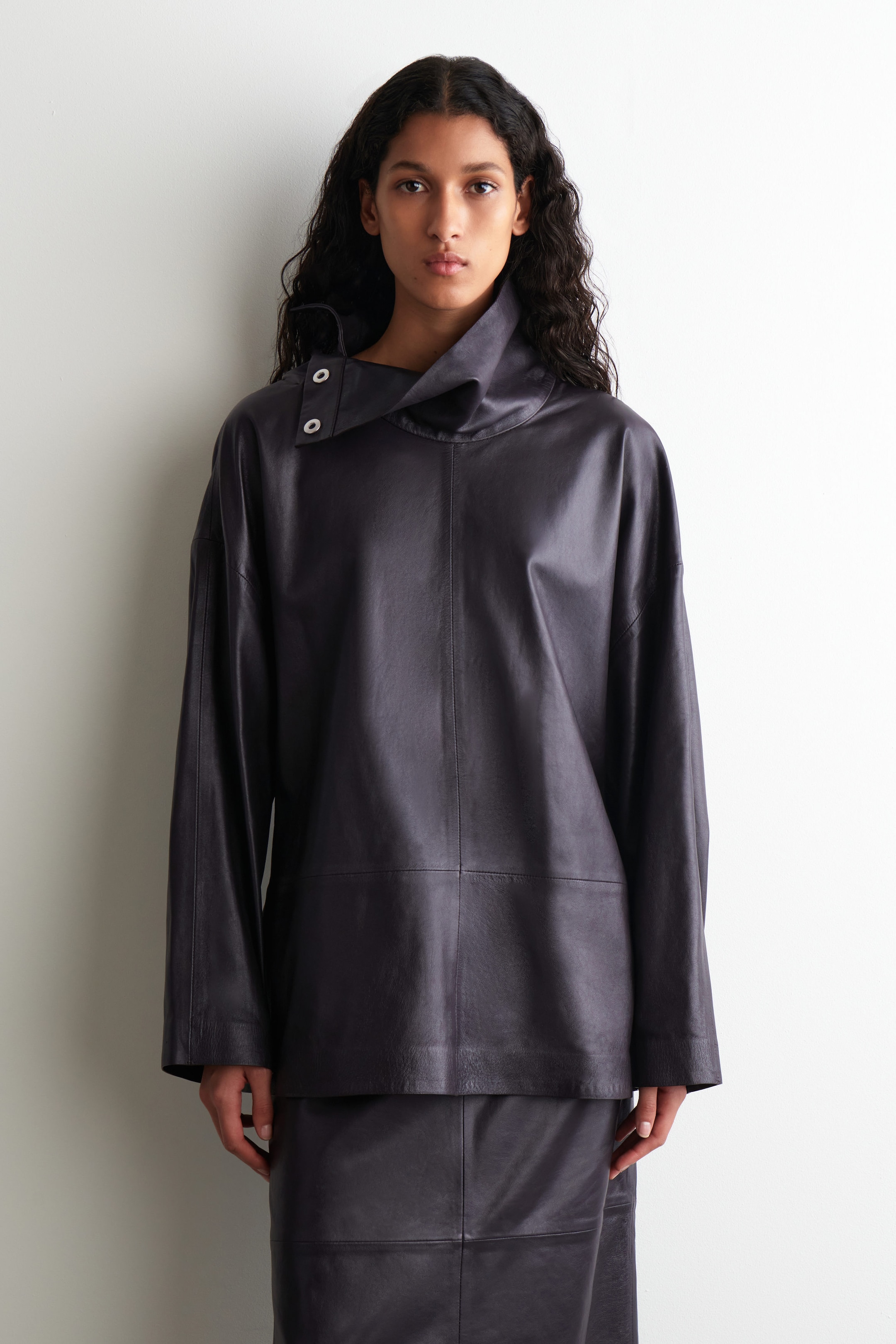 LEATHER FUNNEL-NECK TOP