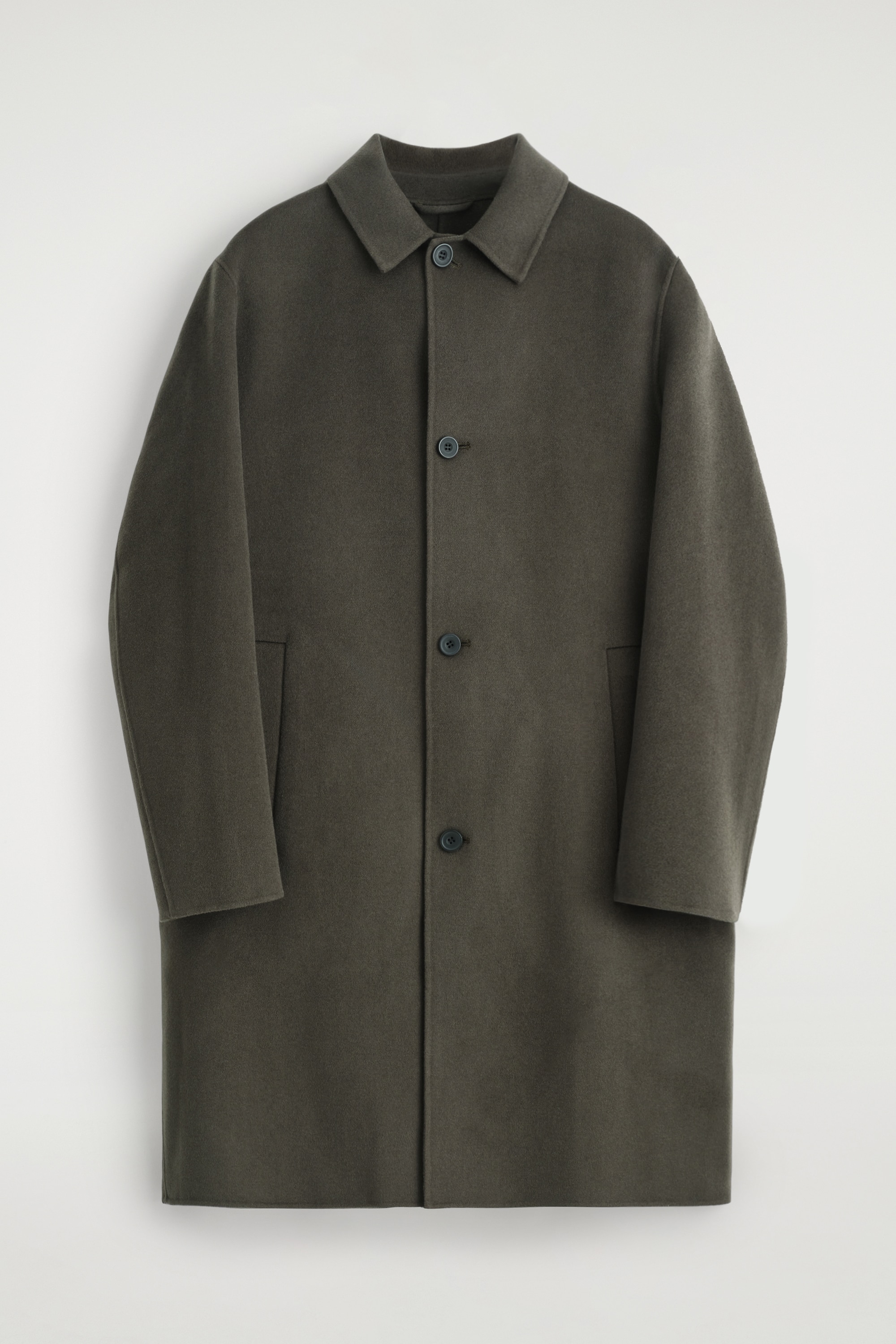 DOUBLE-FACED WOOL LONG CAR COAT - DARK KHAKI/BLACK