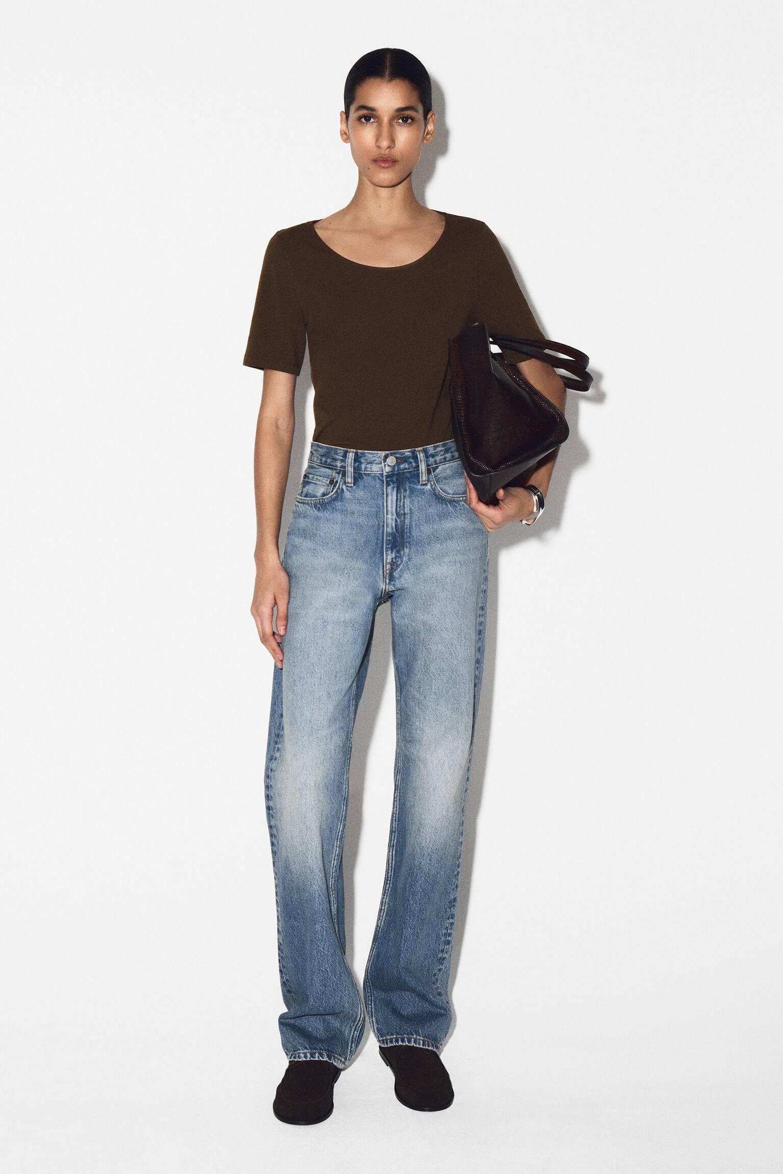 T-SHIRT SLIM IN COTONE CON SCOLLO ROTONDO - MARRONE MÉLANGE/BLU NAVY/AVORIO - 6