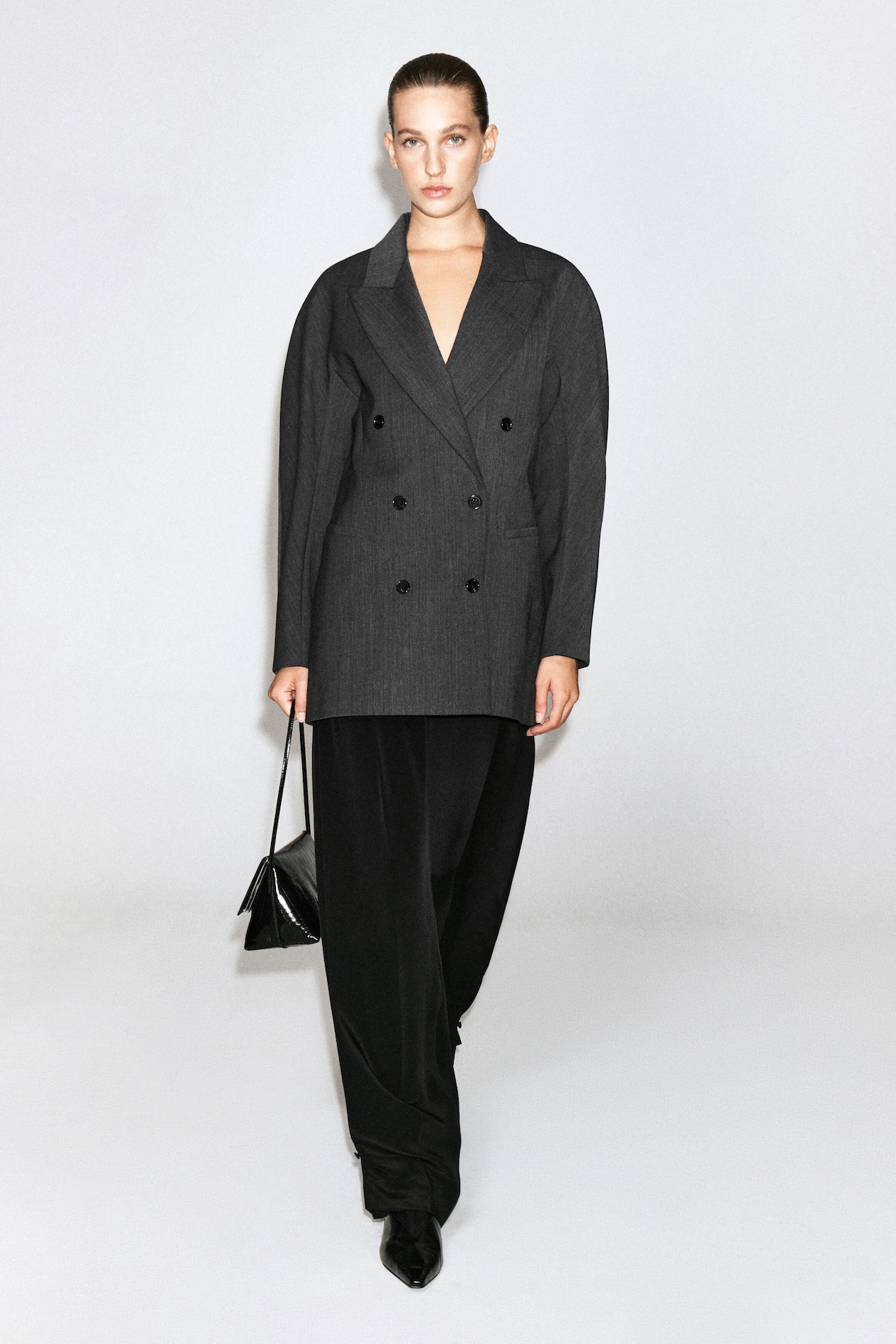 SCULPTED DOUBLE-BREASTED LONG-LINE BLAZER — GRAY MÉLANGE