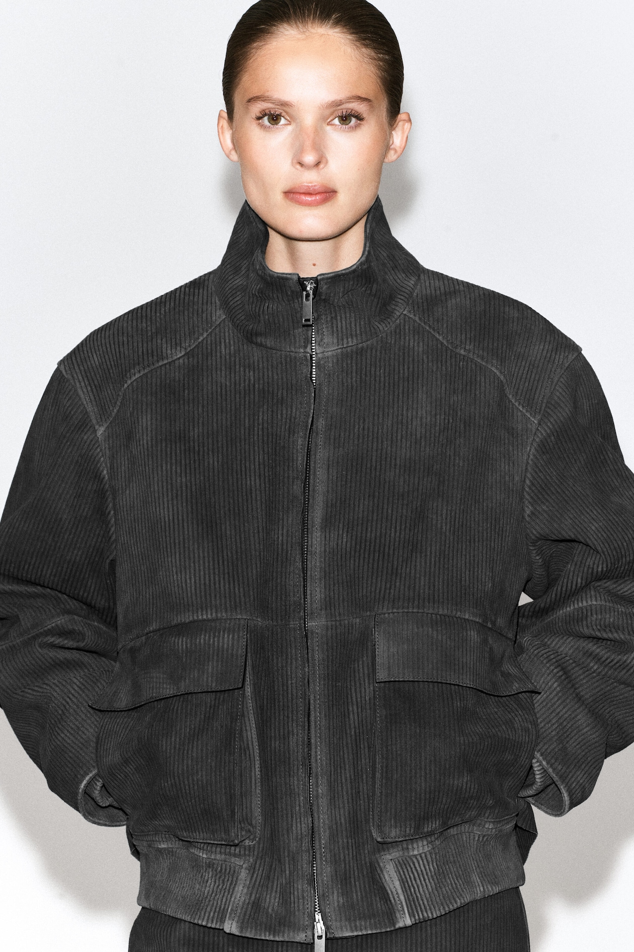 CORDED SUEDE PADDED JACKET — ANTHRACITE