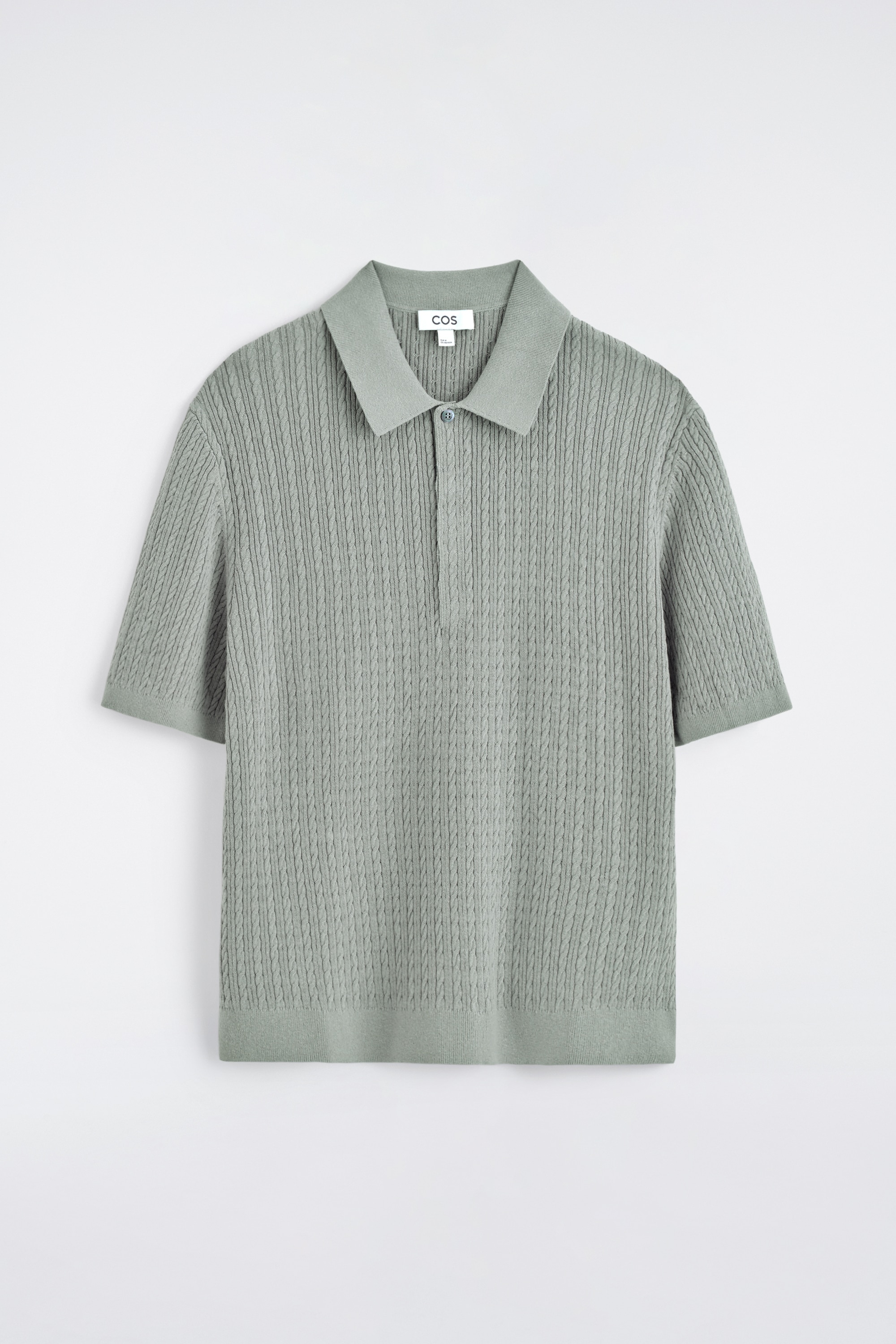 CABLE-KNIT COTTON-LINEN POLO SHIRT - אפור/ירוק כהה