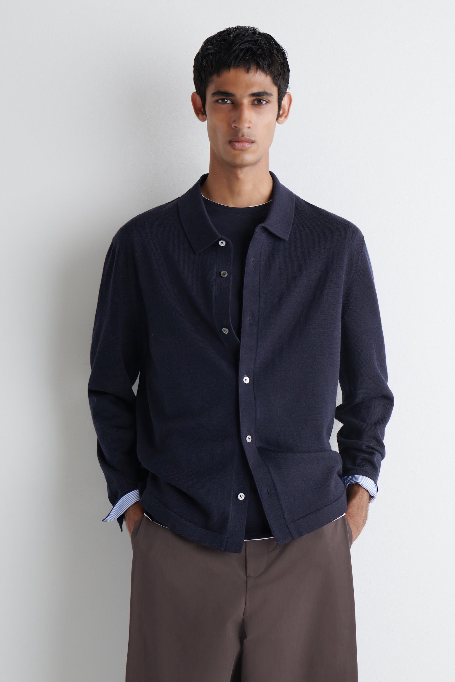 KNITTED MERINO WOOL SHIRT - NAVY