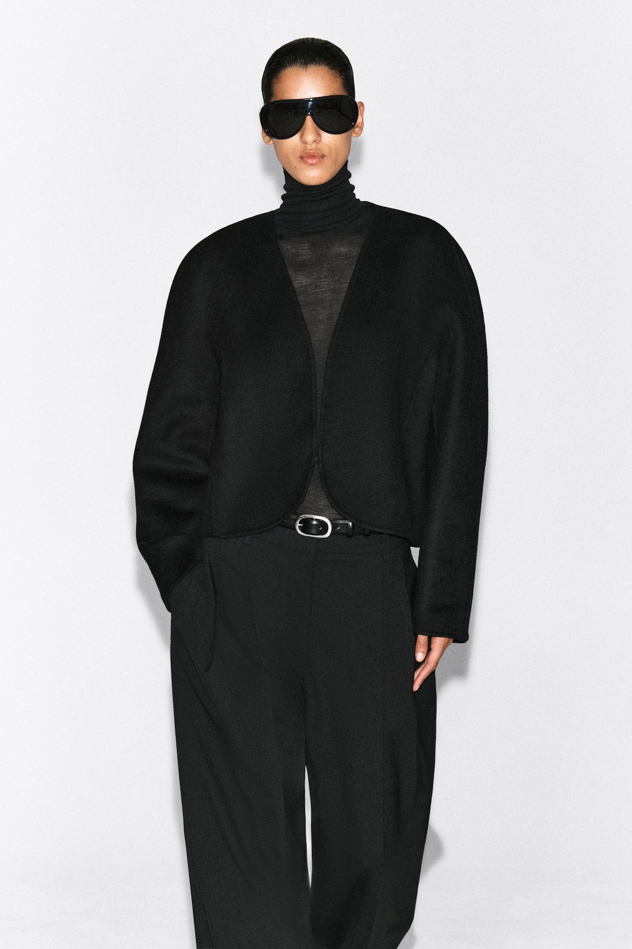 CROPPED DOUBLE-FACED WOOL-BLEND BLAZER — BLACK