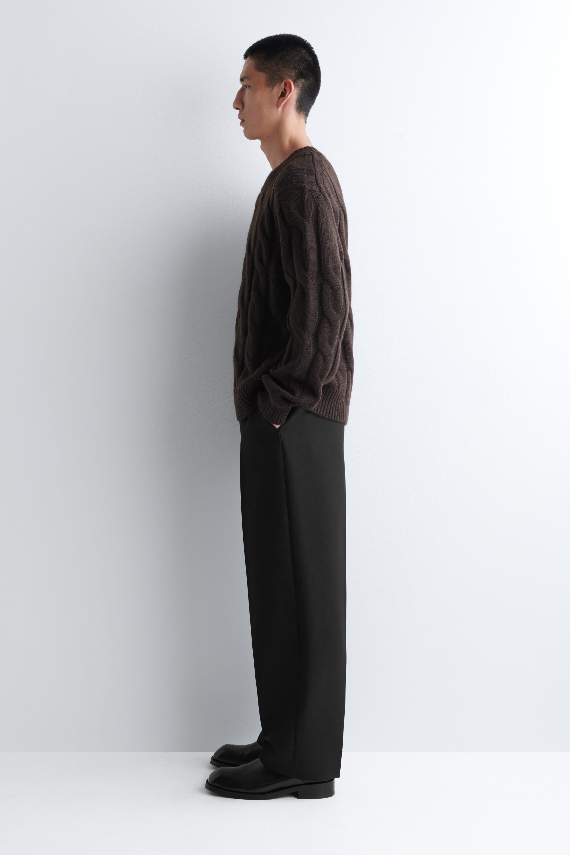 CABLE-KNIT WOOL CREW-NECK SWEATER - DARK BROWN | COS US