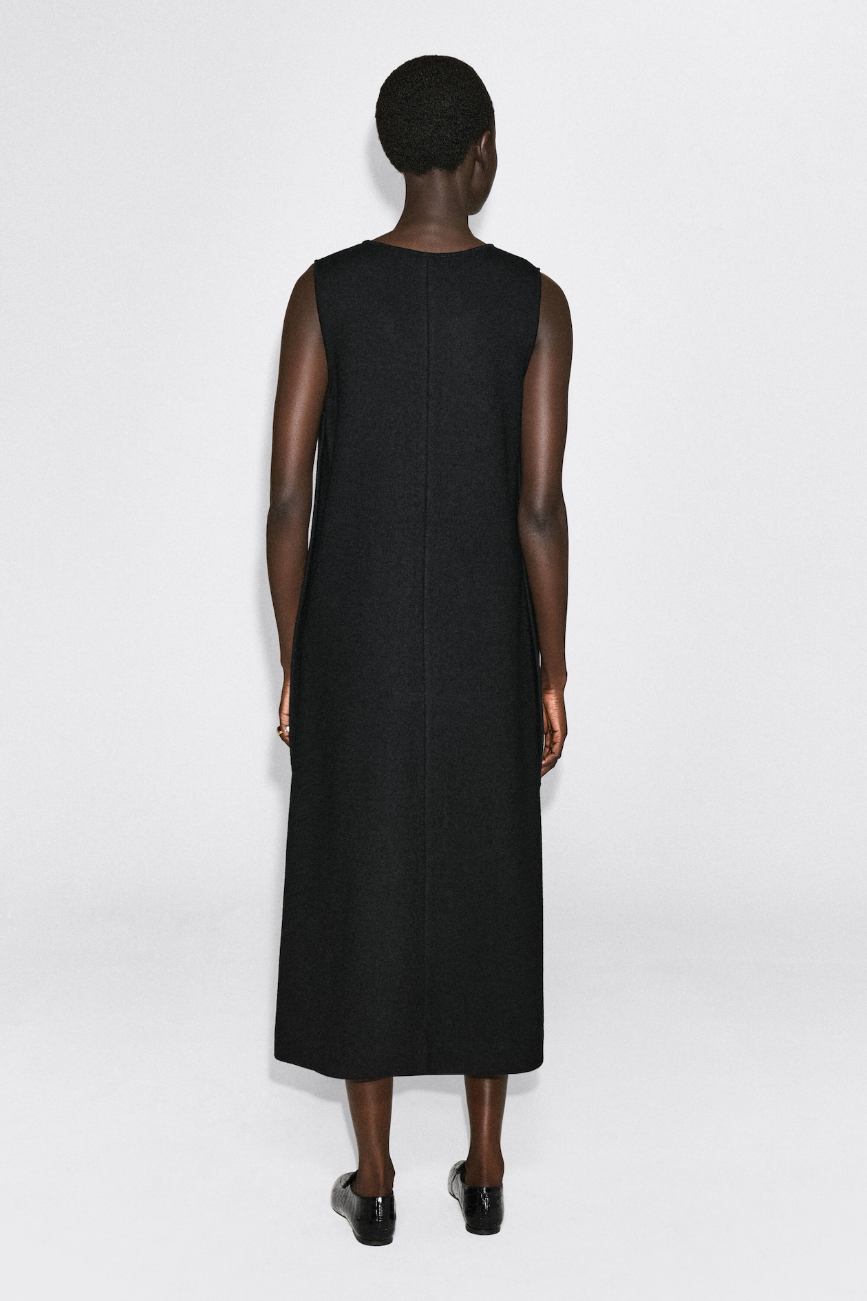 BOILED WOOL-BLEND V-NECK MIDI DRESS — BLACK