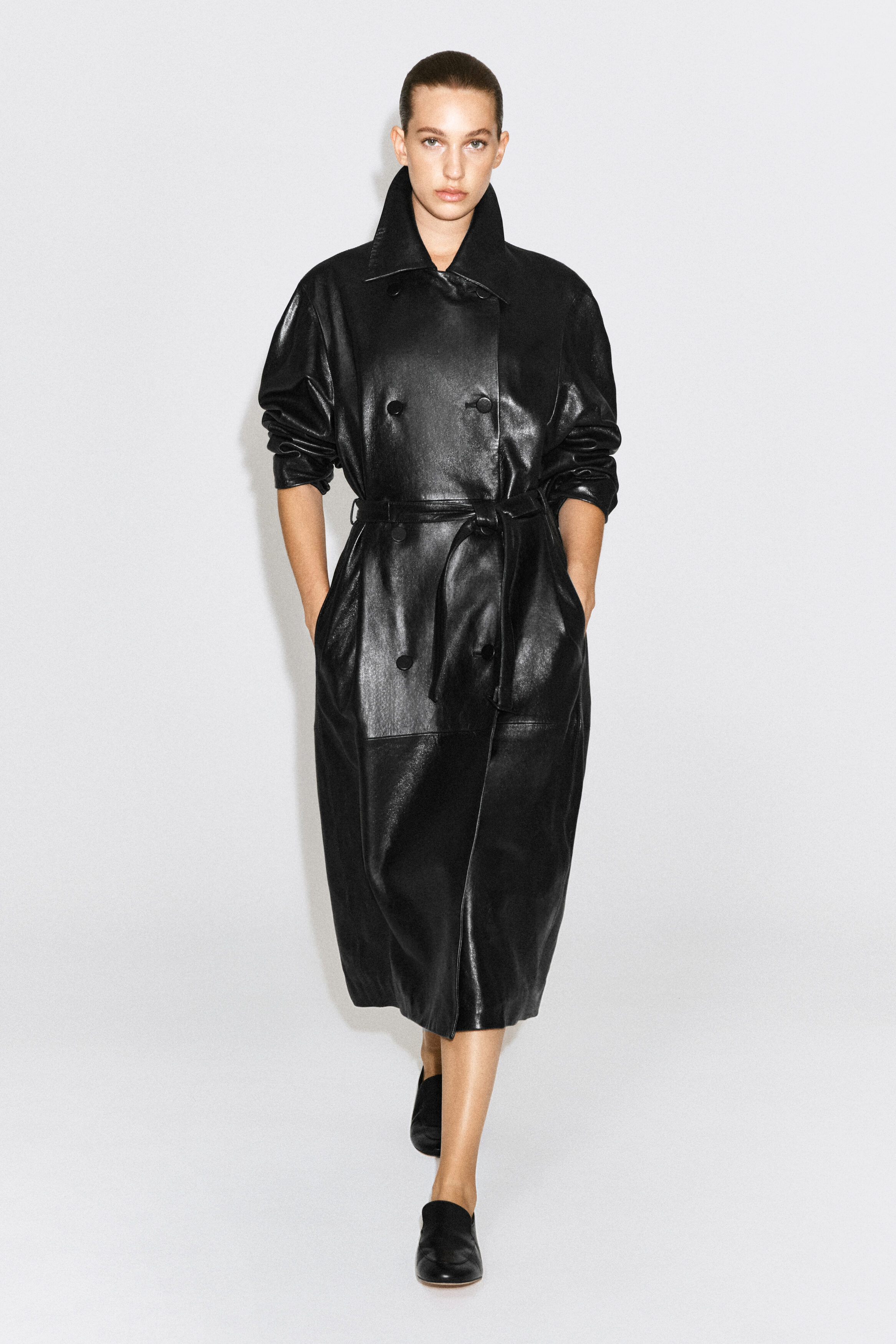 OVERSIZED BELTED LEATHER LONG COAT - BLACK | COS CA