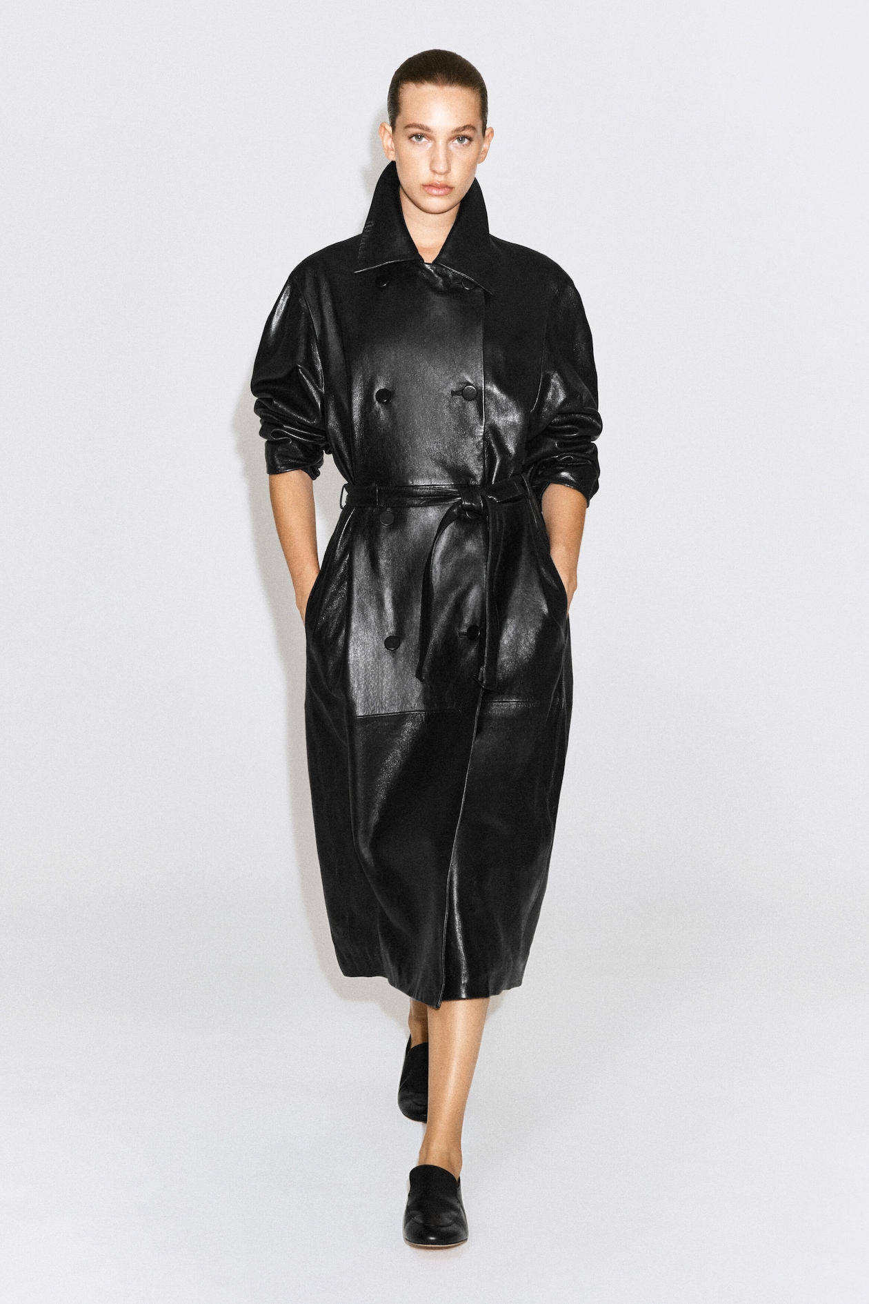 OVERSIZED BELTED LEATHER LONG COAT — BLACK