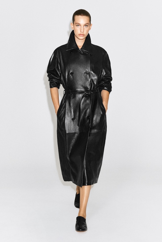 OVERSIZED BELTED LEATHER LONG COAT — BLACK