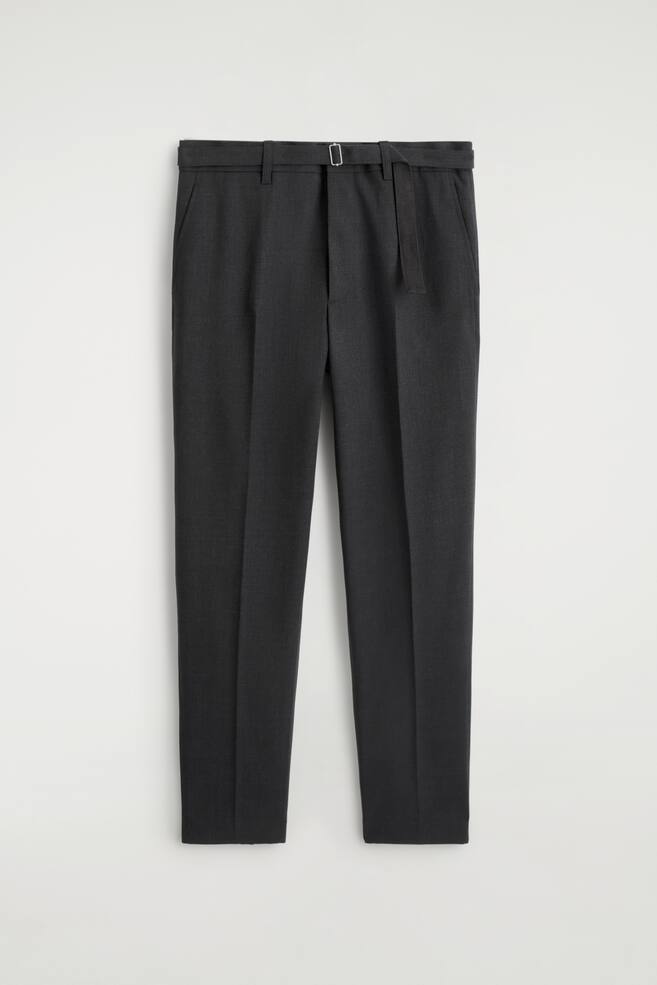 BELTED WOOL-BLEND SLIM-FIT TROUSERS - GREY/DARK BROWN - 1