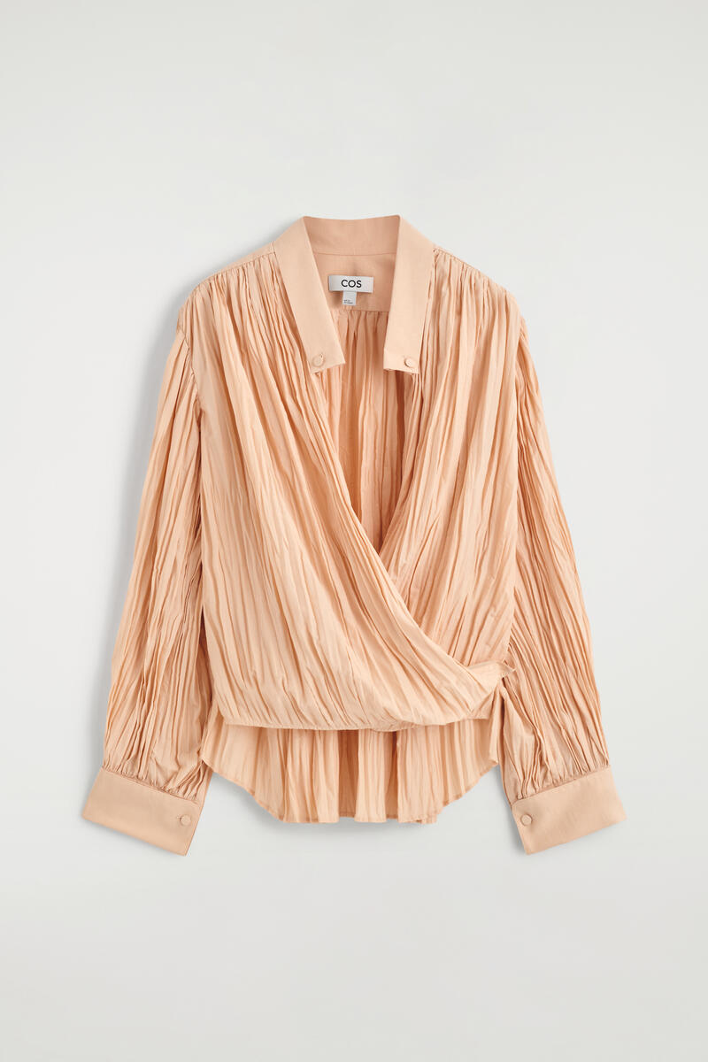 Crinkled Wrap-Over Blouse in Beige