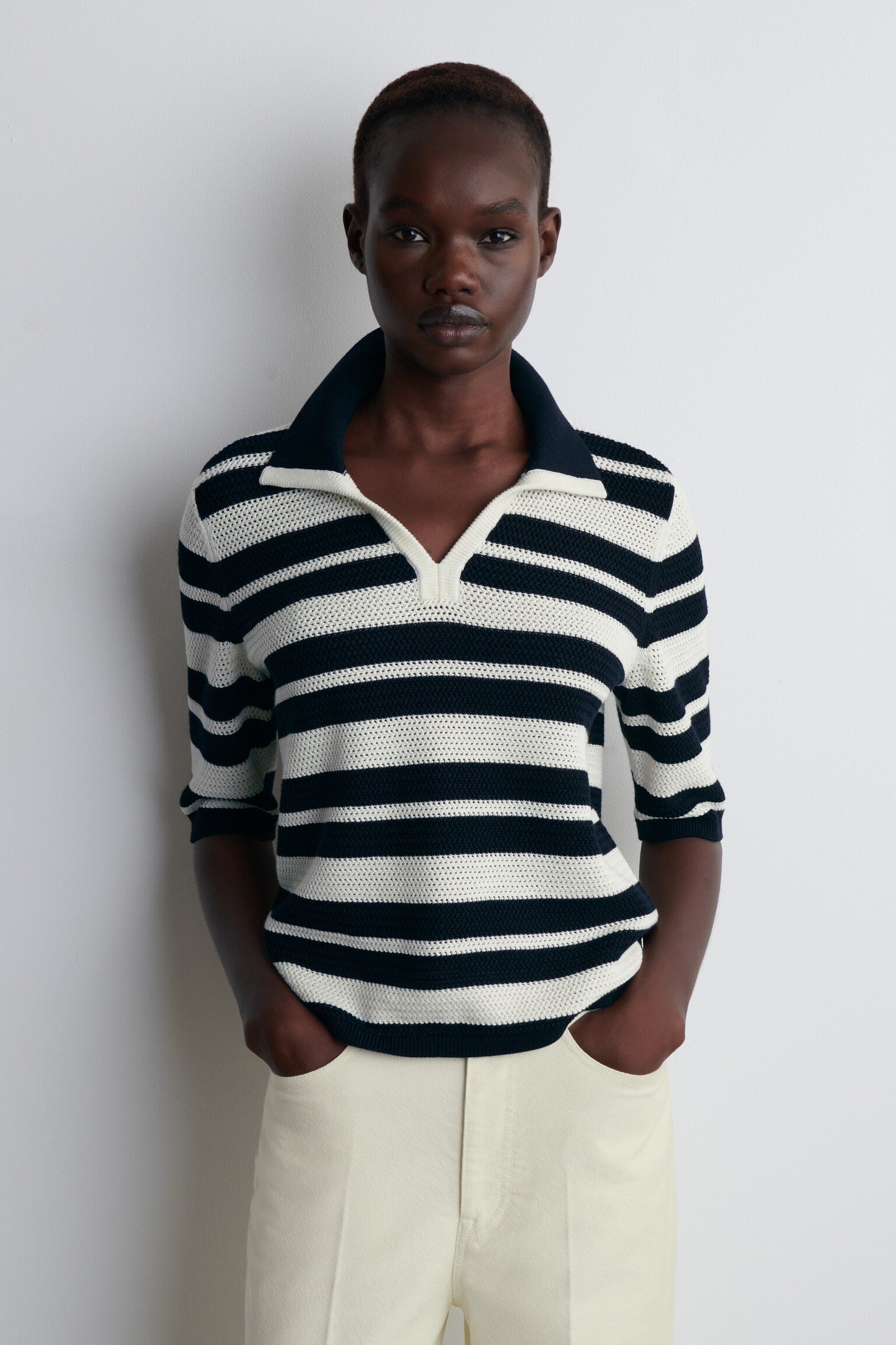 POLO EN MAILLE AJOURÉE - BLANC / RAYURES