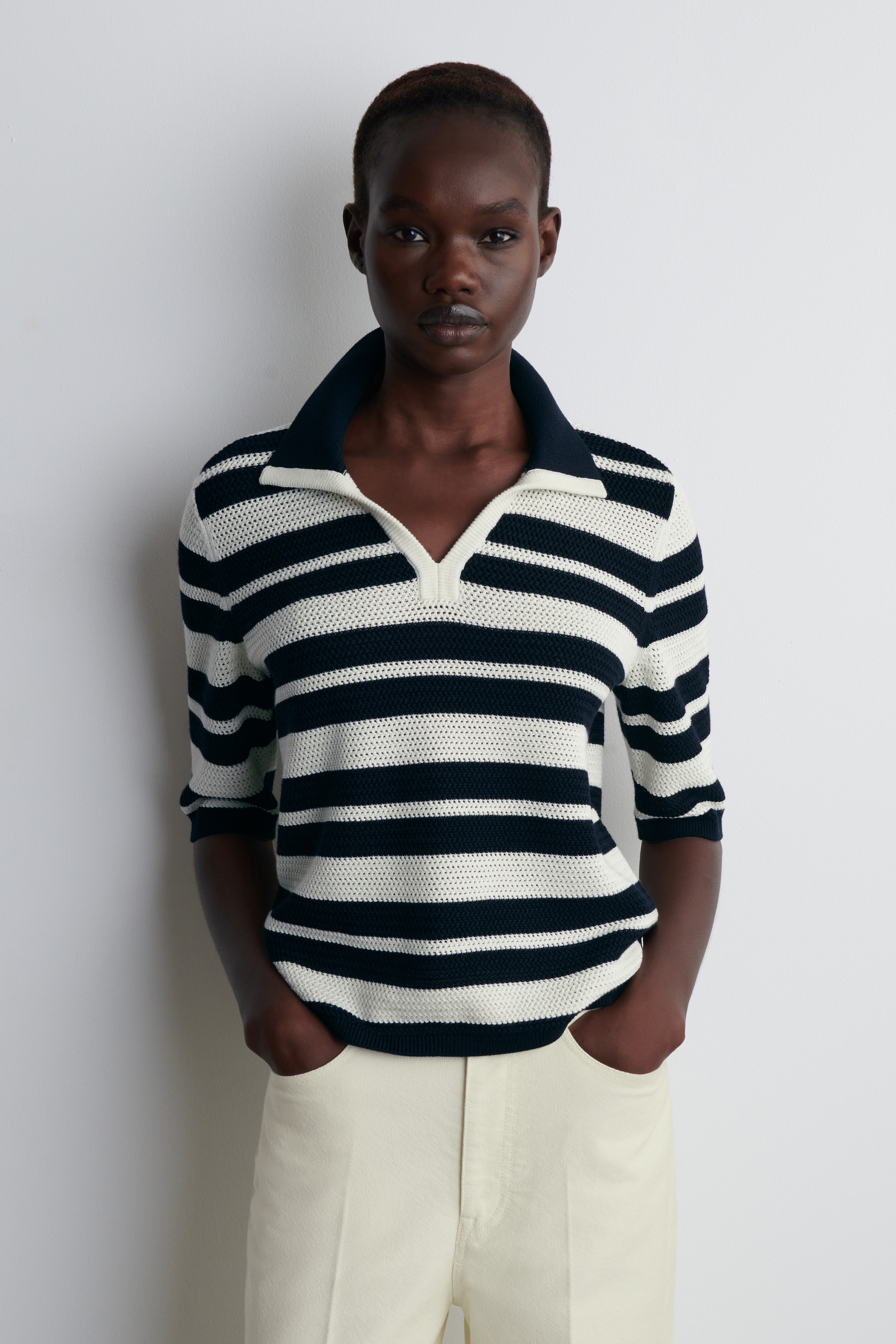 Ingrandisci l'immagine: OPEN-KNIT POLO SHIRT - WHITE / STRIPED - DONNA | H&M CH 1