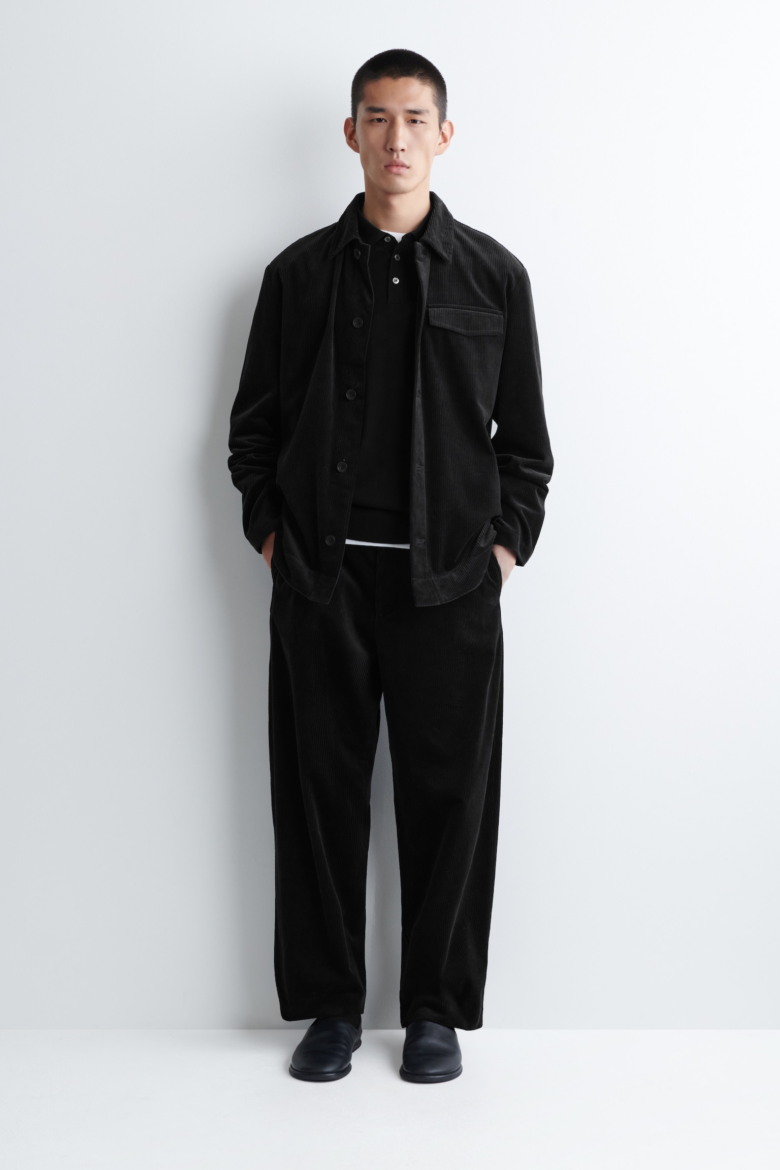 CORDUROY WIDE-LEG TROUSERS - BLACK/DARK TURQUOISE