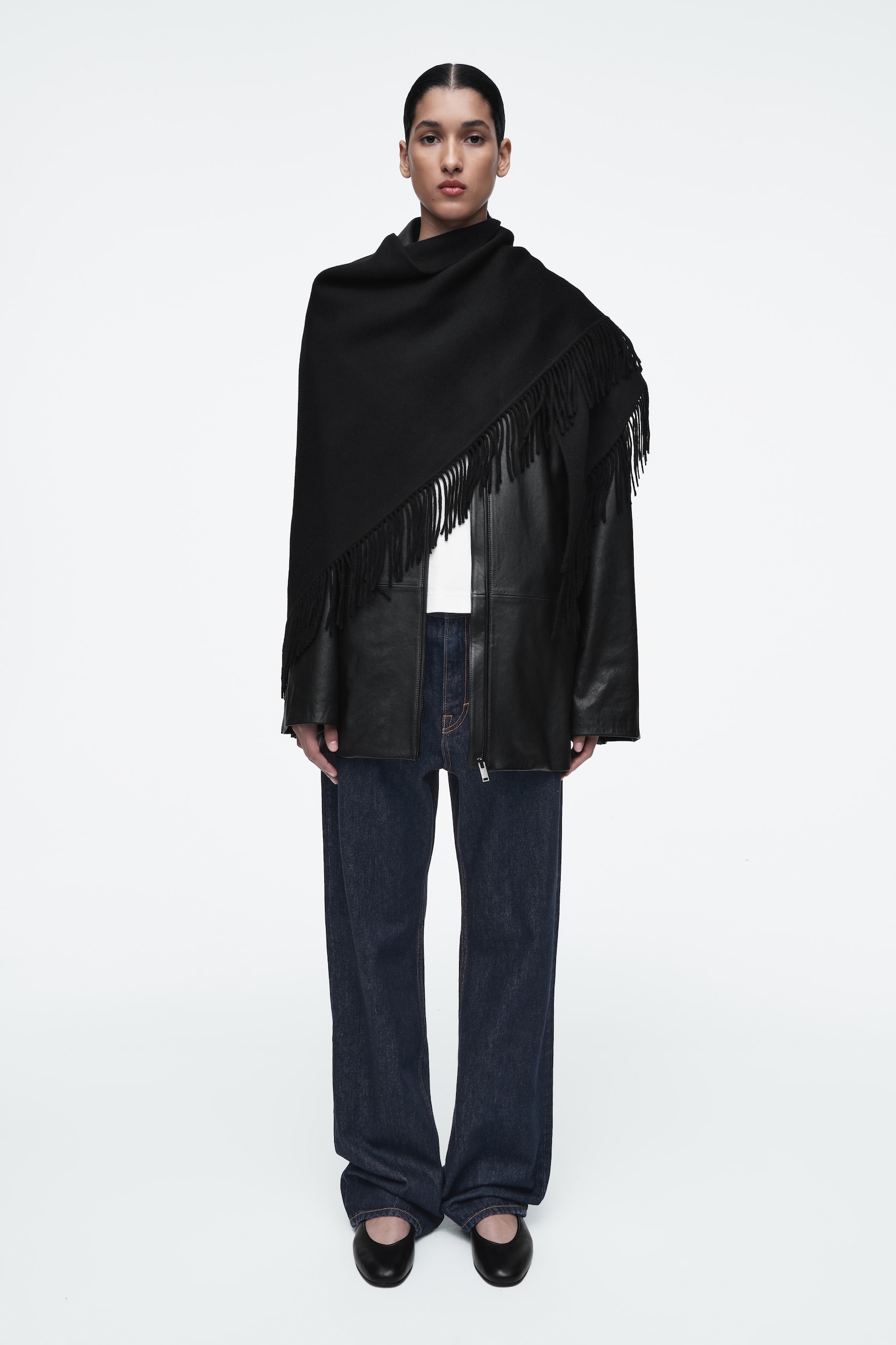 FRINGED MERINO WOOL TRIANGLE SCARF - BLACK - 6