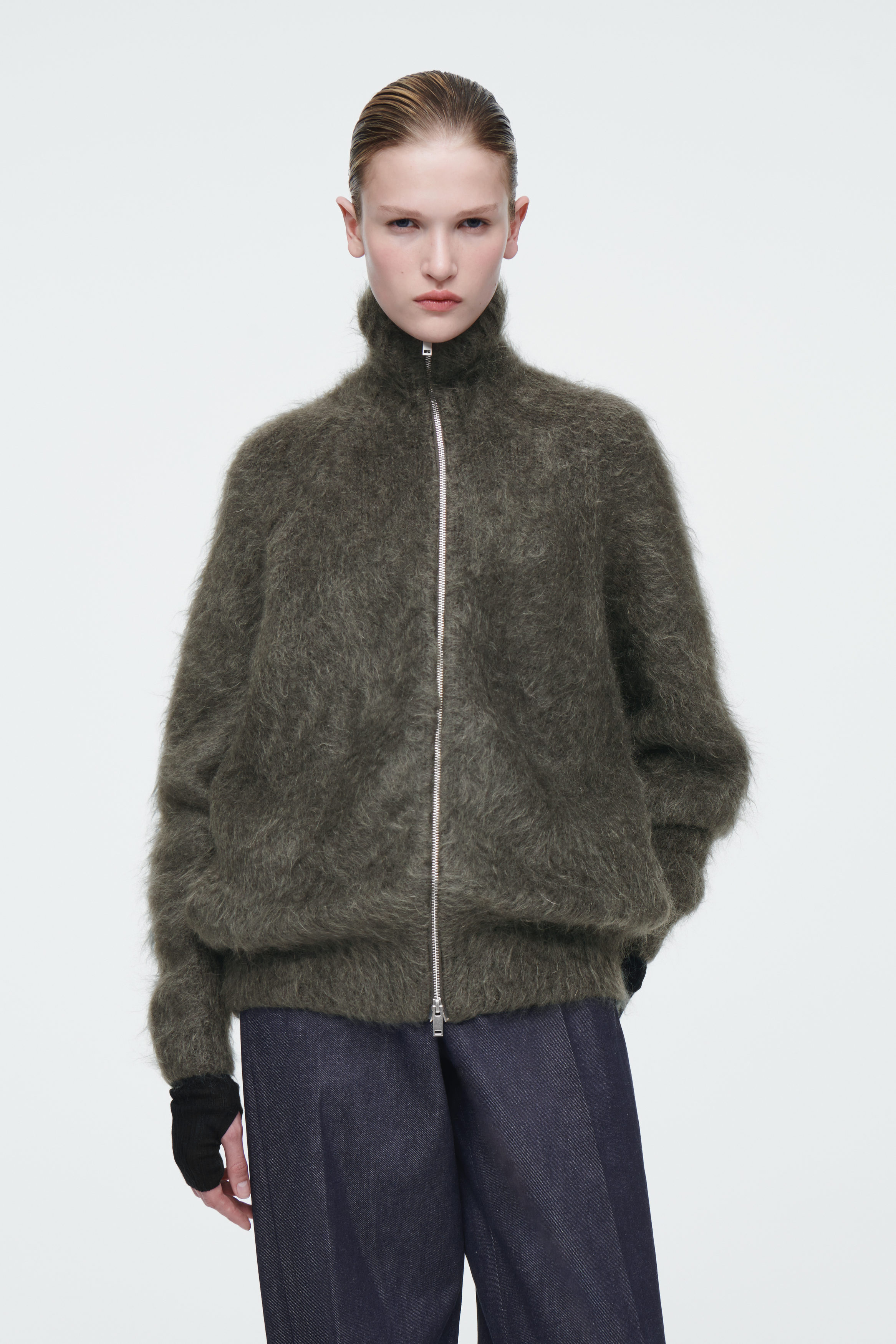 THE BRUSHED-MOHAIR ZIP-UP JACKET - DEEP OLIVE | COS