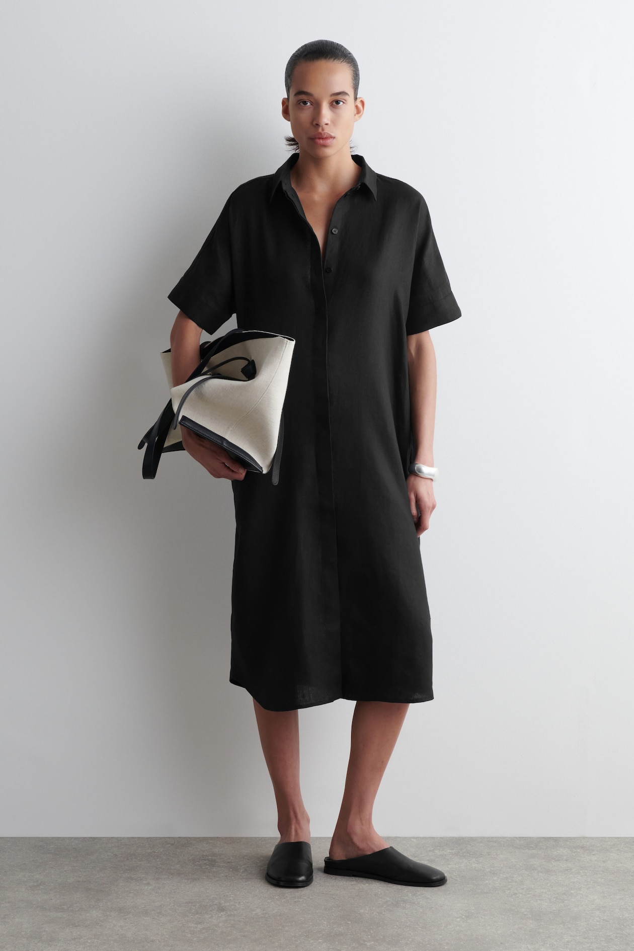 LINEN MIDI SHIRT DRESS - BLACK | COS