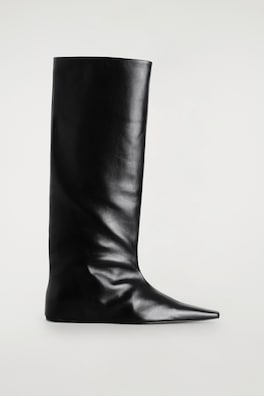 POINTED LEATHER WEDGE KNEE BOOTS — CARBON 1
