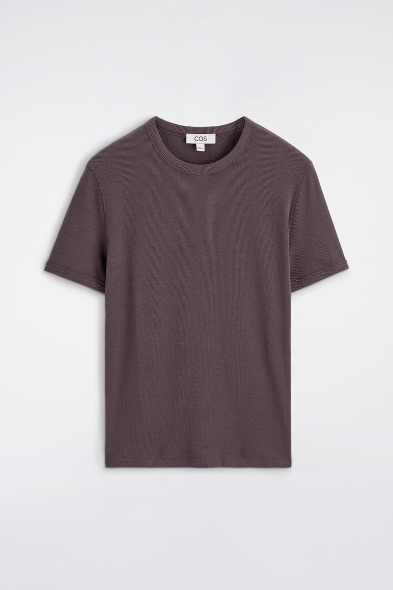 Slim Ribbed Cotton T-Shirt in Brown