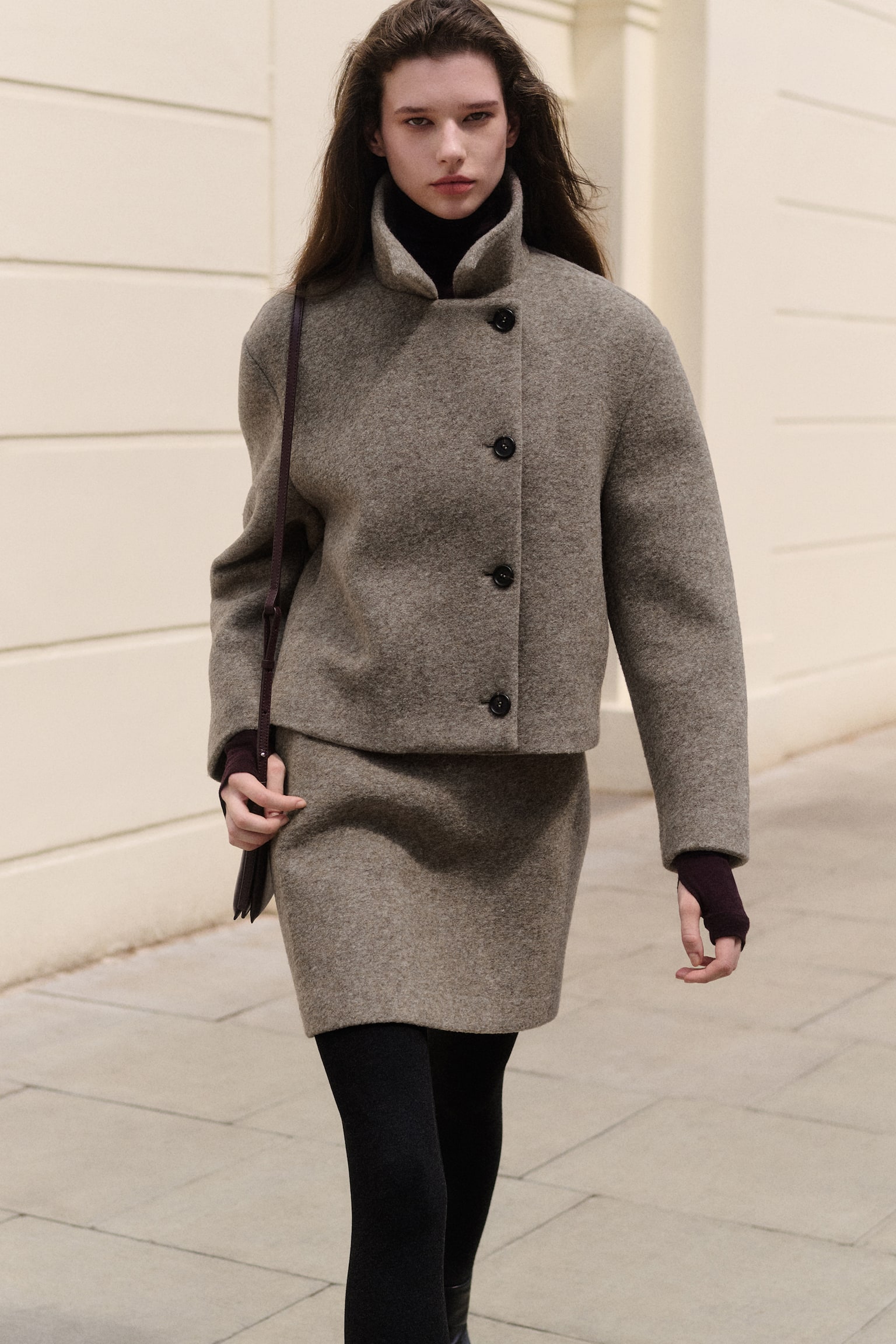 BOILED WOOL-BLEND SHORT JACKET - MELERET BEIGE/MELERET MØRKEGRÅ - 3