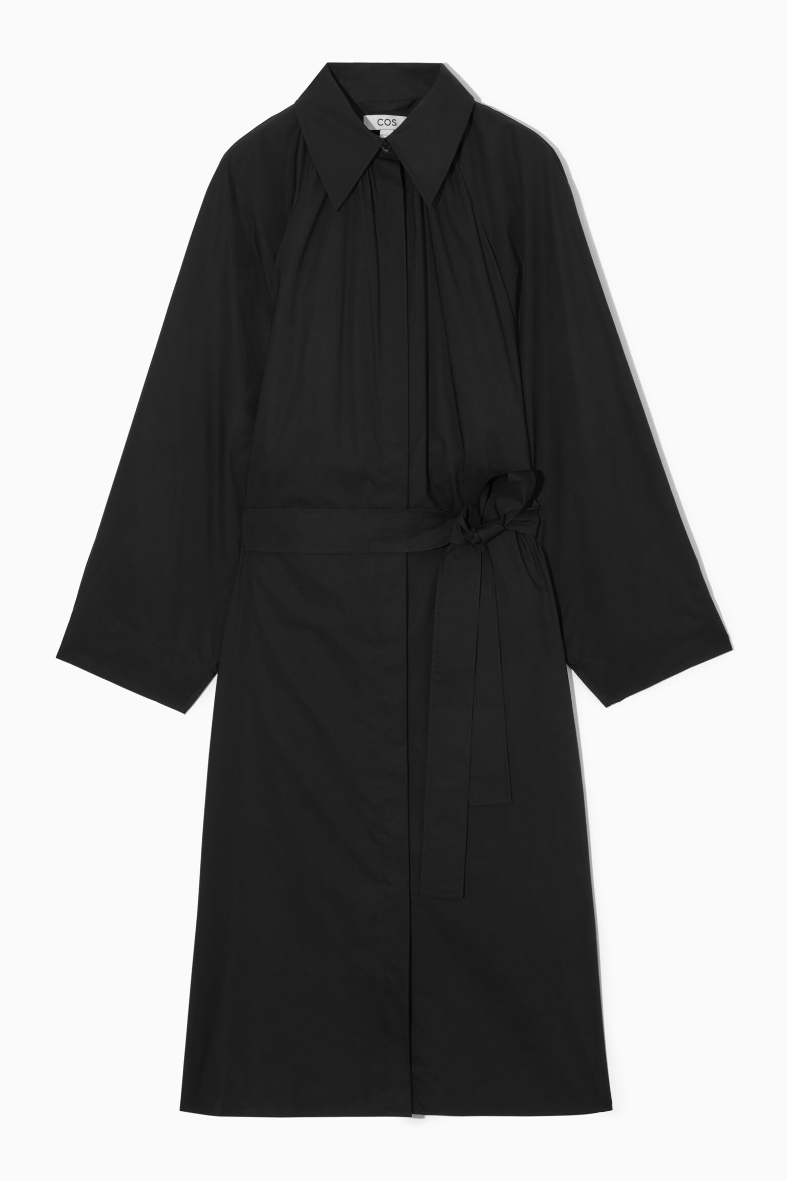 VOLUMINOUS BELTED MIDI SHIRT DRESS - BLACK
