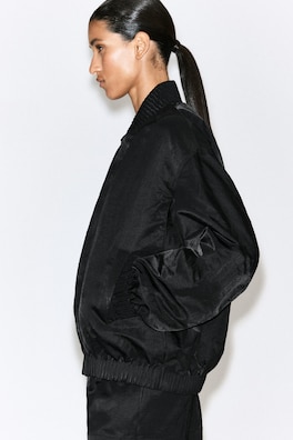 GATHERED NYLON BOMBER JACKET — BLACK 4