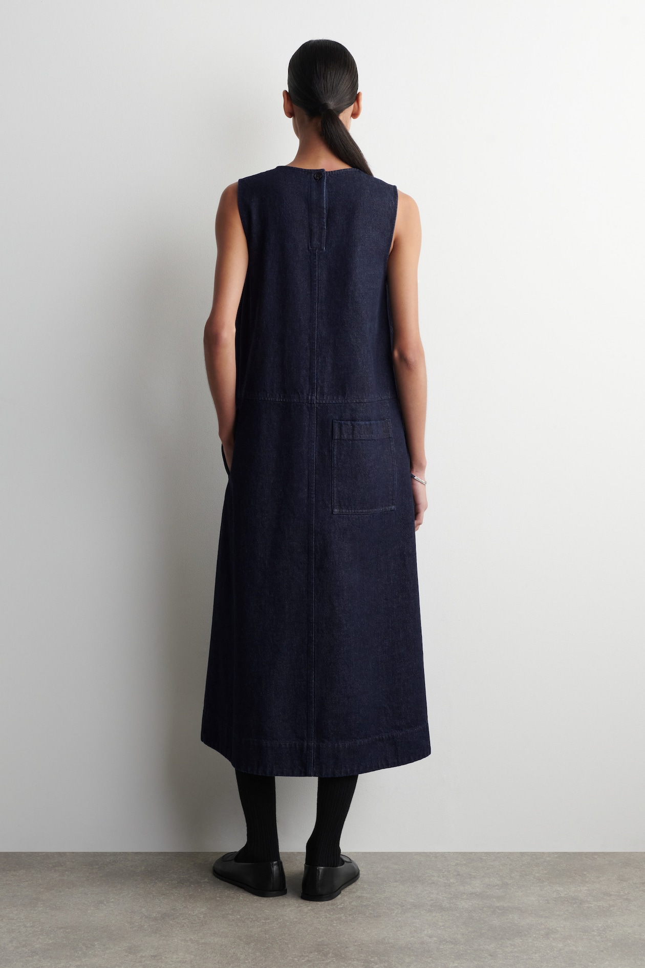 A-LINE DENIM MIDI DRESS — INDIGO