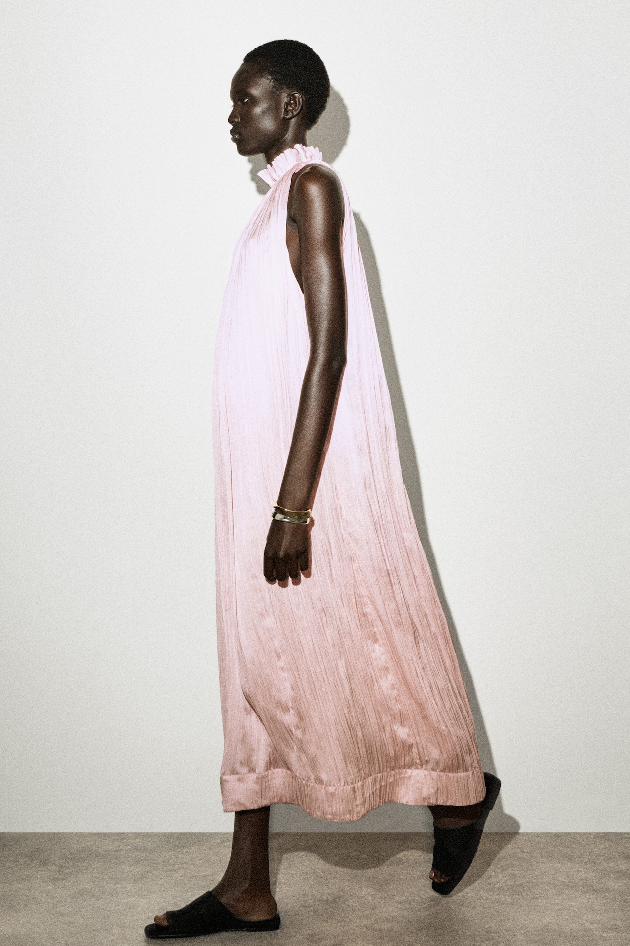CRINKLED-SATIN MIDI DRESS — LIGHT PINK