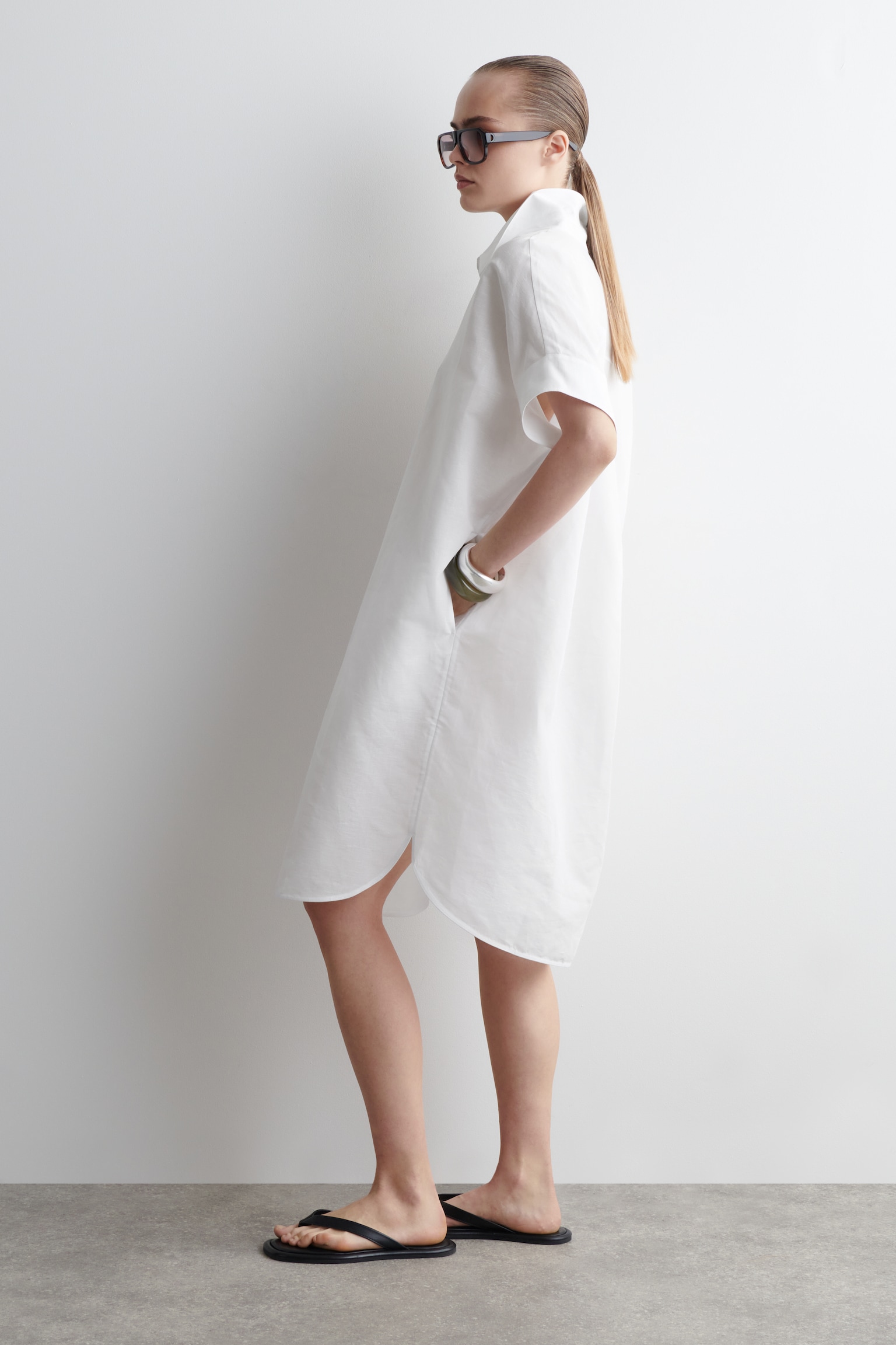 VESTIDO CAMISERO DE LINO Y ALGODÓN REDONDEADO - BLANCO - 5