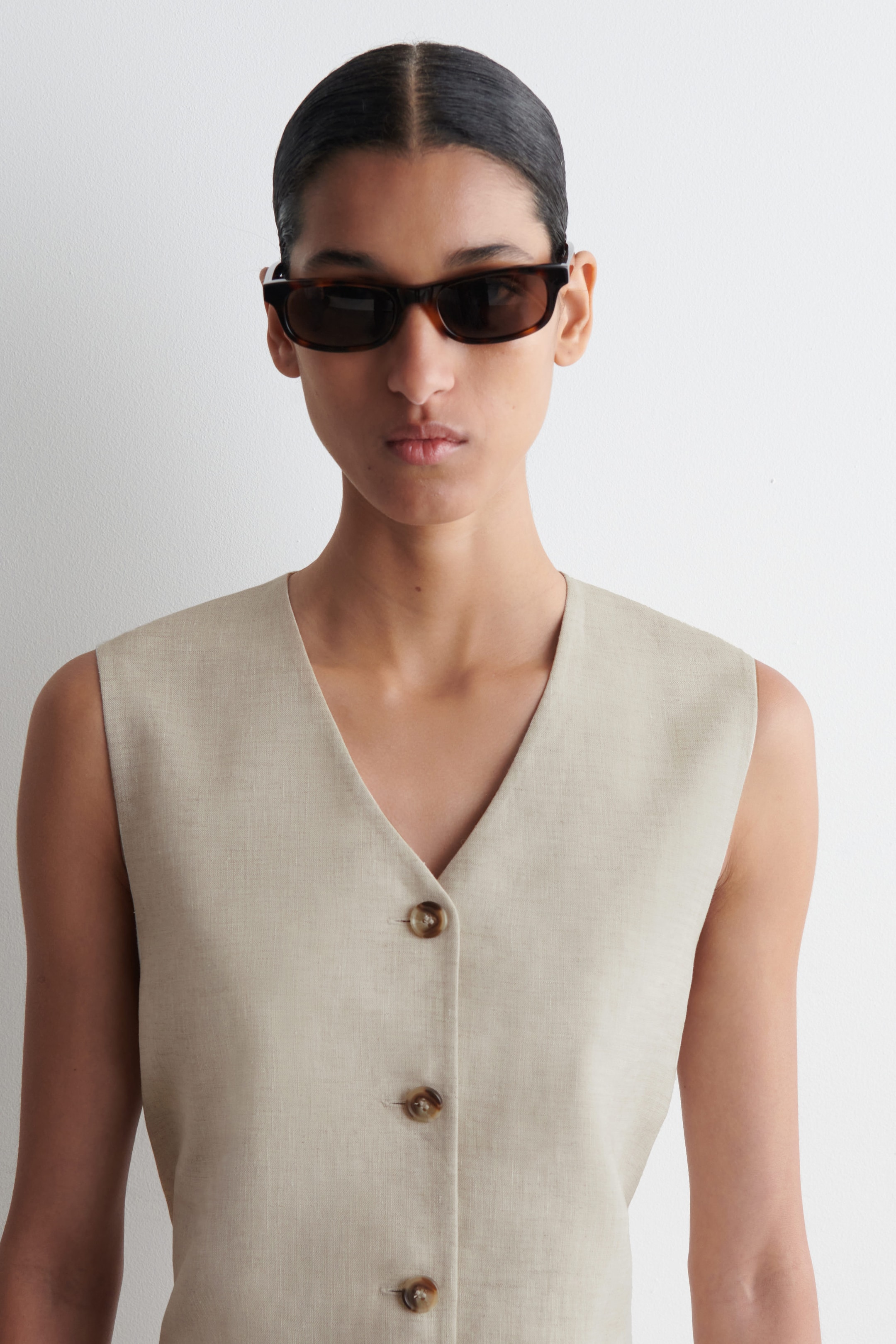 BUTTONED LINEN MINI DRESS