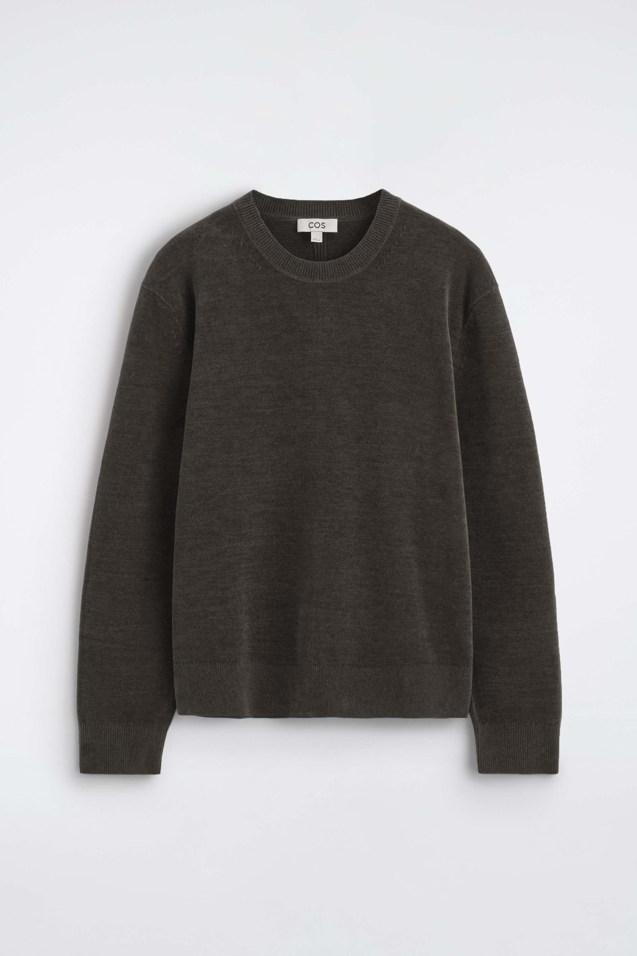 A dark gray cotton-chenille crew-neck sweater is shown from the front, showcasing a soft, textured knit fabric. The long-sleeved garment features a ribbed crew neckline, ribbed cuffs, and a matching ribbed hem.