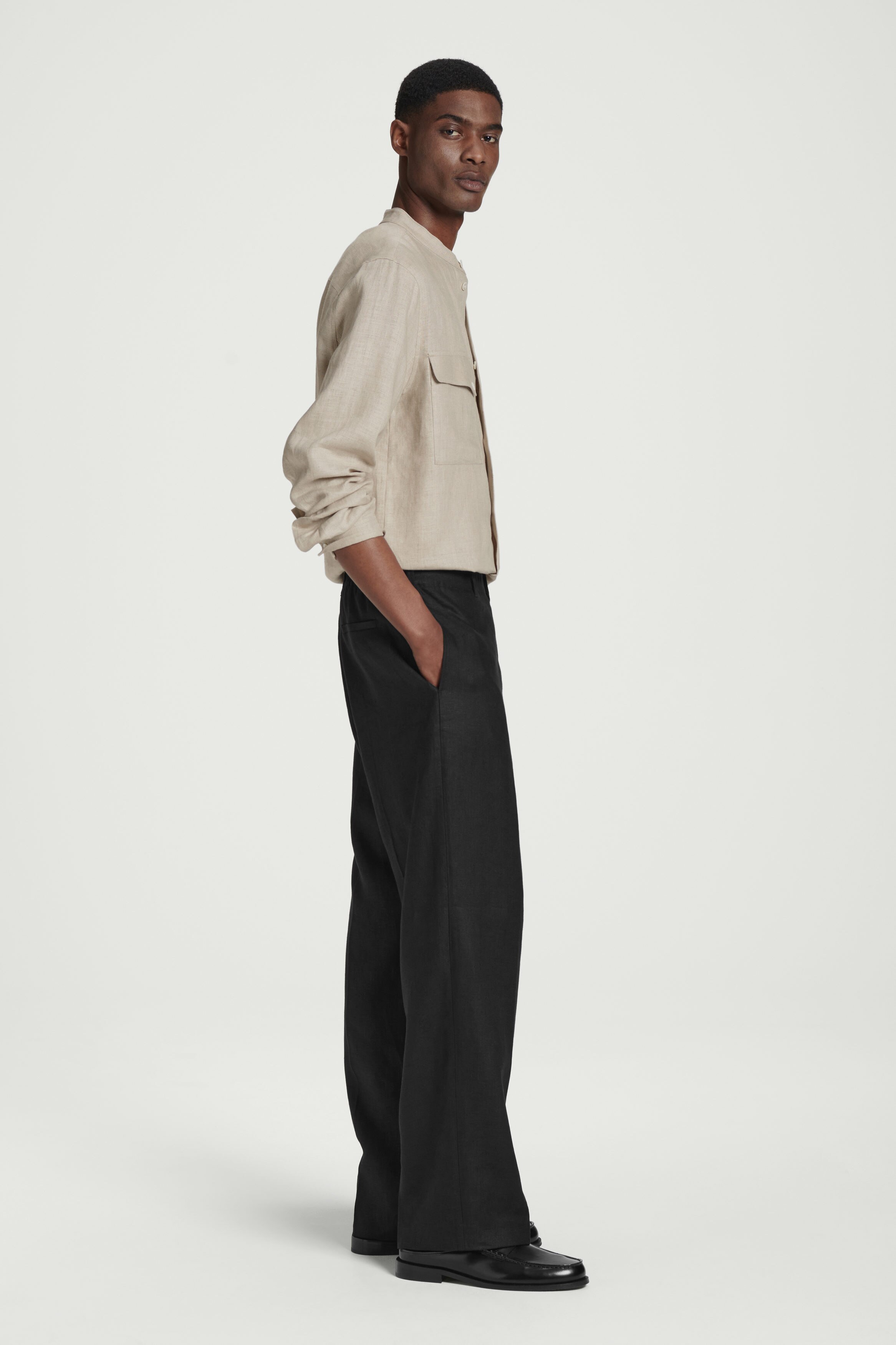 ELASTICATED LINEN STRAIGHT-LEG TROUSERS - BLACK | COS