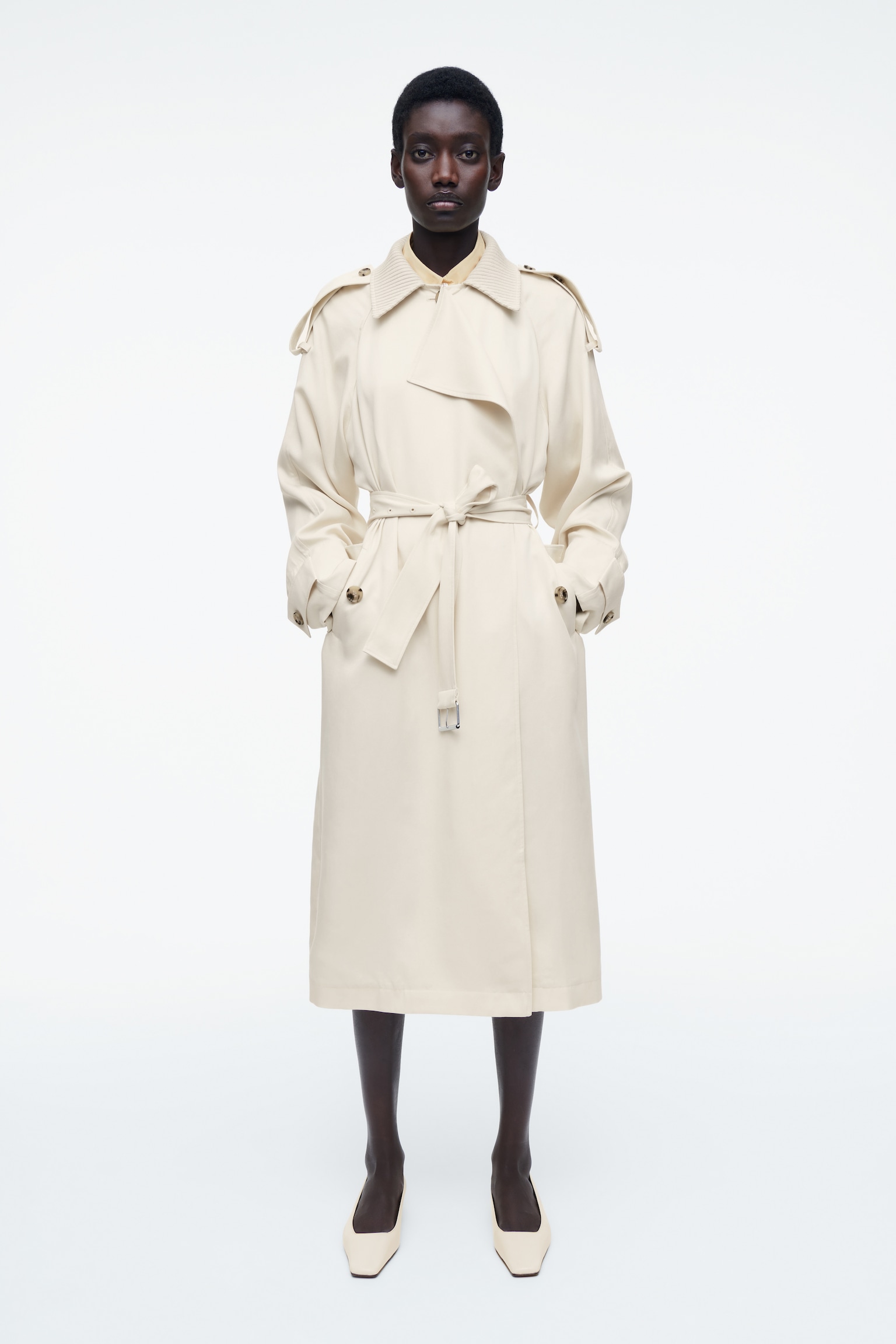 TRENCH-COAT À COL EN MAILLE - BEIGE CLAIR - 1