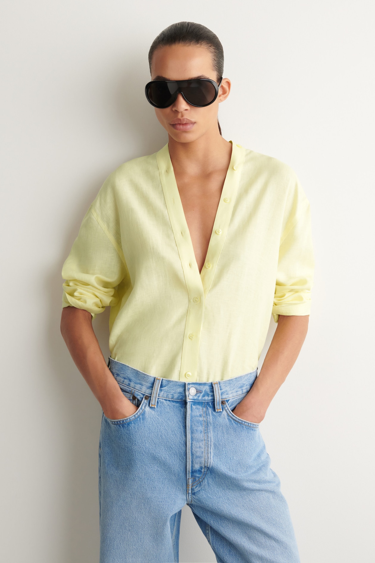 BUTTON-DETAIL LINEN V-NECK SHIRT