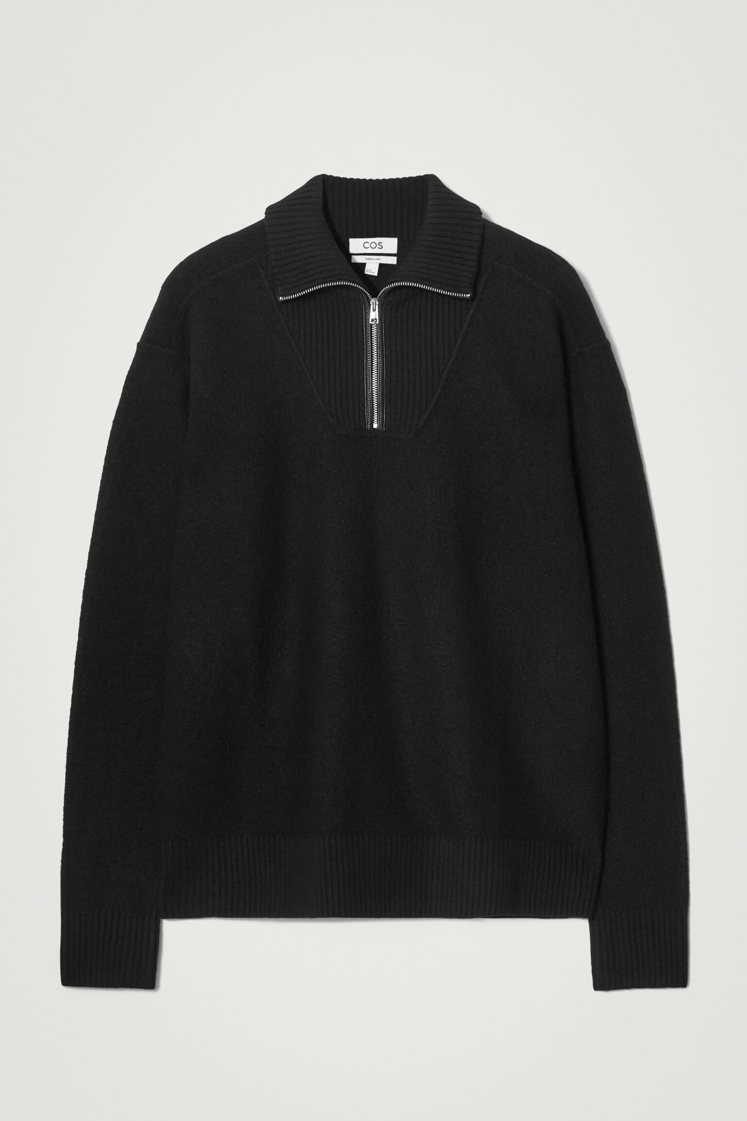LEATHER-DETAIL MERINO WOOL HALF-ZIP JUMPER - BLACK - 1